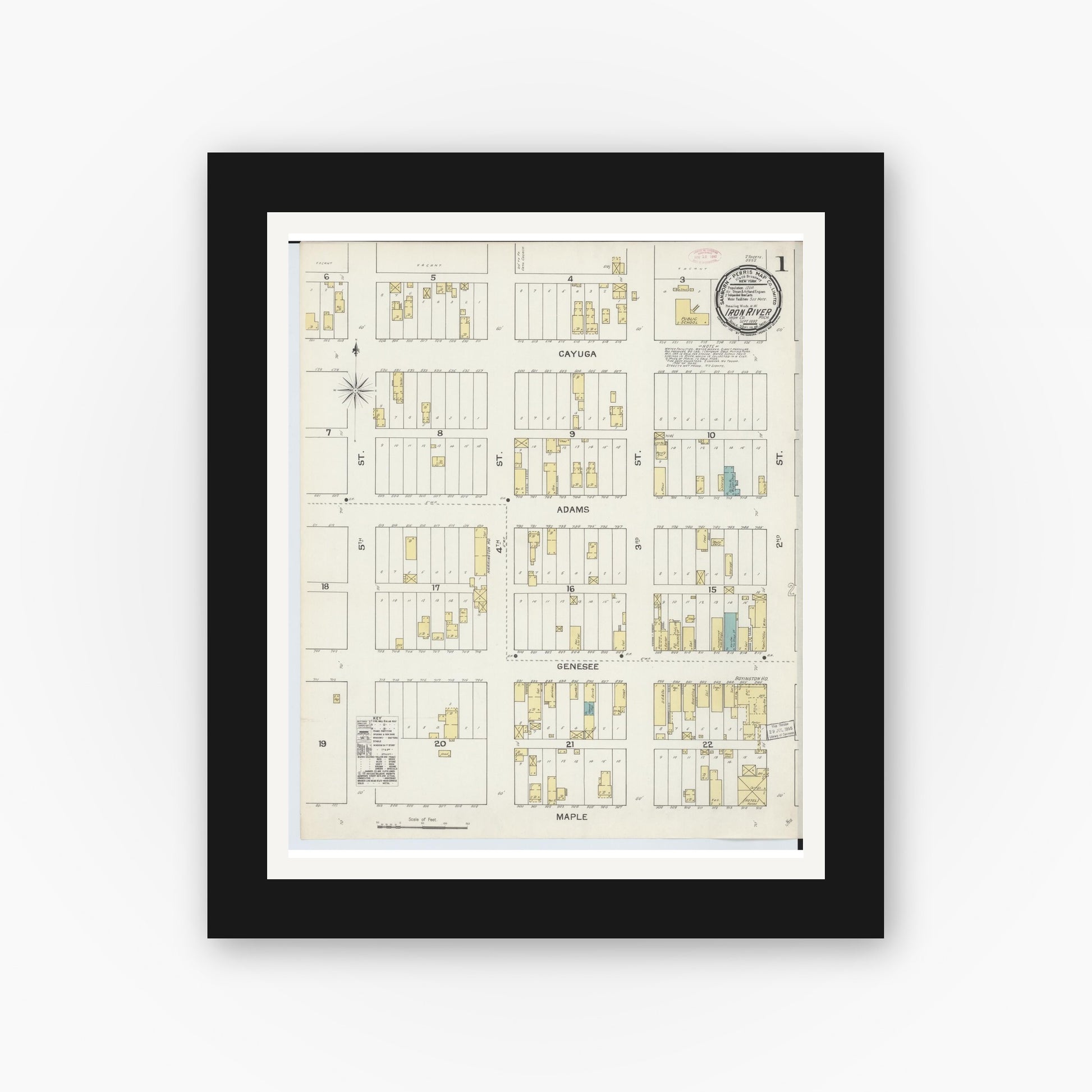Old map wall art mockup — black gallery frame with white mat — Sanborn Fire Insurance Map from Iron River, Iron County, Michigan (1892) - Complete Map Set