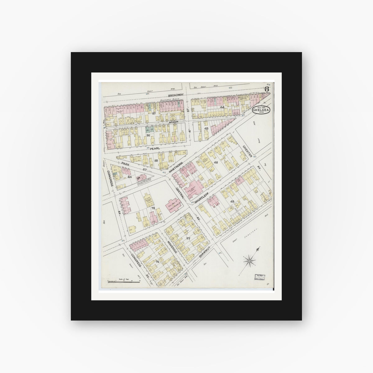 Old map wall art mockup — black gallery frame with white mat — Sanborn Fire Insurance Map from Chelsea, Suffolk County, Massachusetts (1889), Sheet #0008
