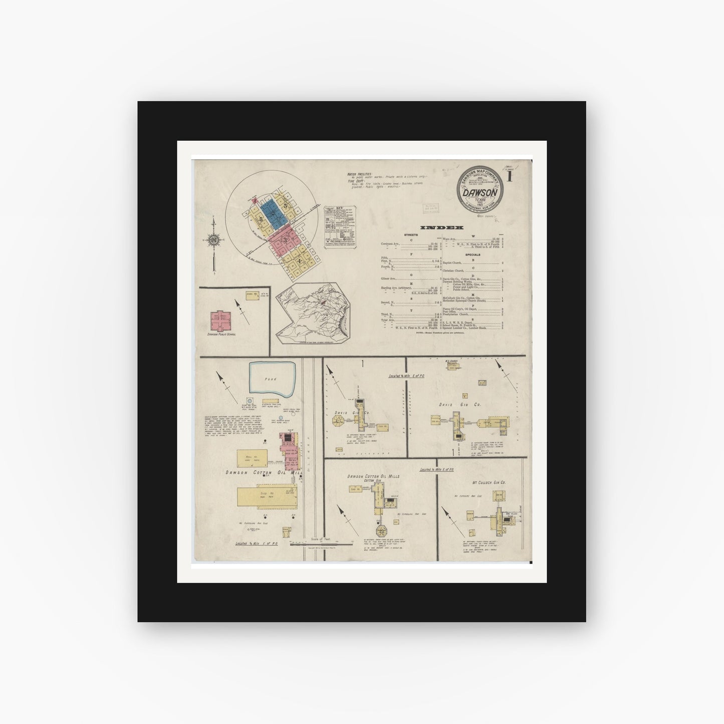 Old map wall art mockup — black gallery frame with white mat — Sanborn Fire Insurance Map from Dawson, Navarro County, Texas (1921), Sheet #0001