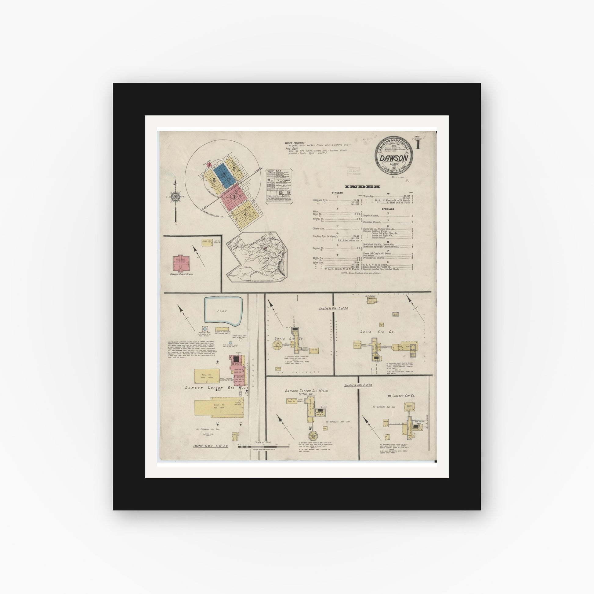 Old map wall art mockup — black gallery frame with white mat — Sanborn Fire Insurance Map from Dawson, Navarro County, Texas (1921), Sheet #0001