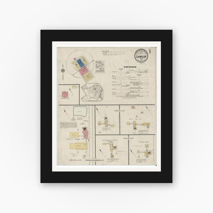 Old map wall art mockup — black gallery frame with white mat — Sanborn Fire Insurance Map from Dawson, Navarro County, Texas (1921), Sheet #0001