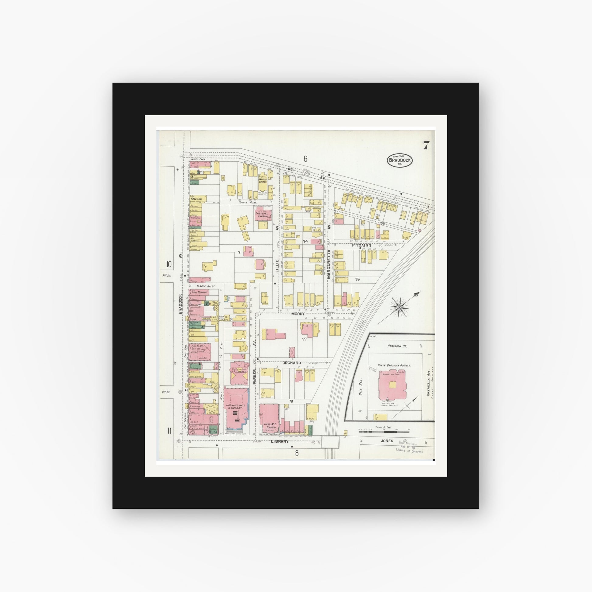 Old map wall art mockup — black gallery frame with white mat — Sanborn Fire Insurance Map from Braddock, Allegheny County, Pennsylvania (1901), Sheet #0007