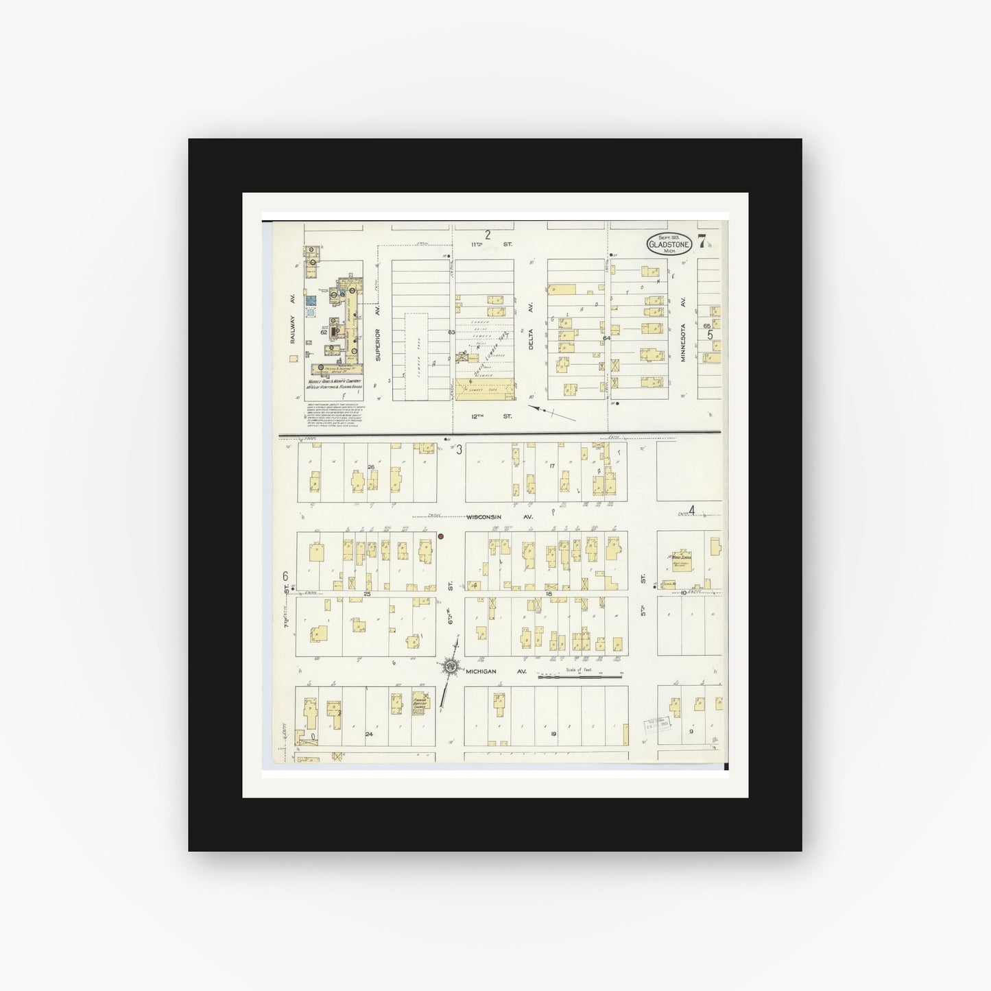 Old map wall art mockup — black gallery frame with white mat — Sanborn Fire Insurance Map from Gladstone, Delta County, Michigan (1913), Sheet #0007