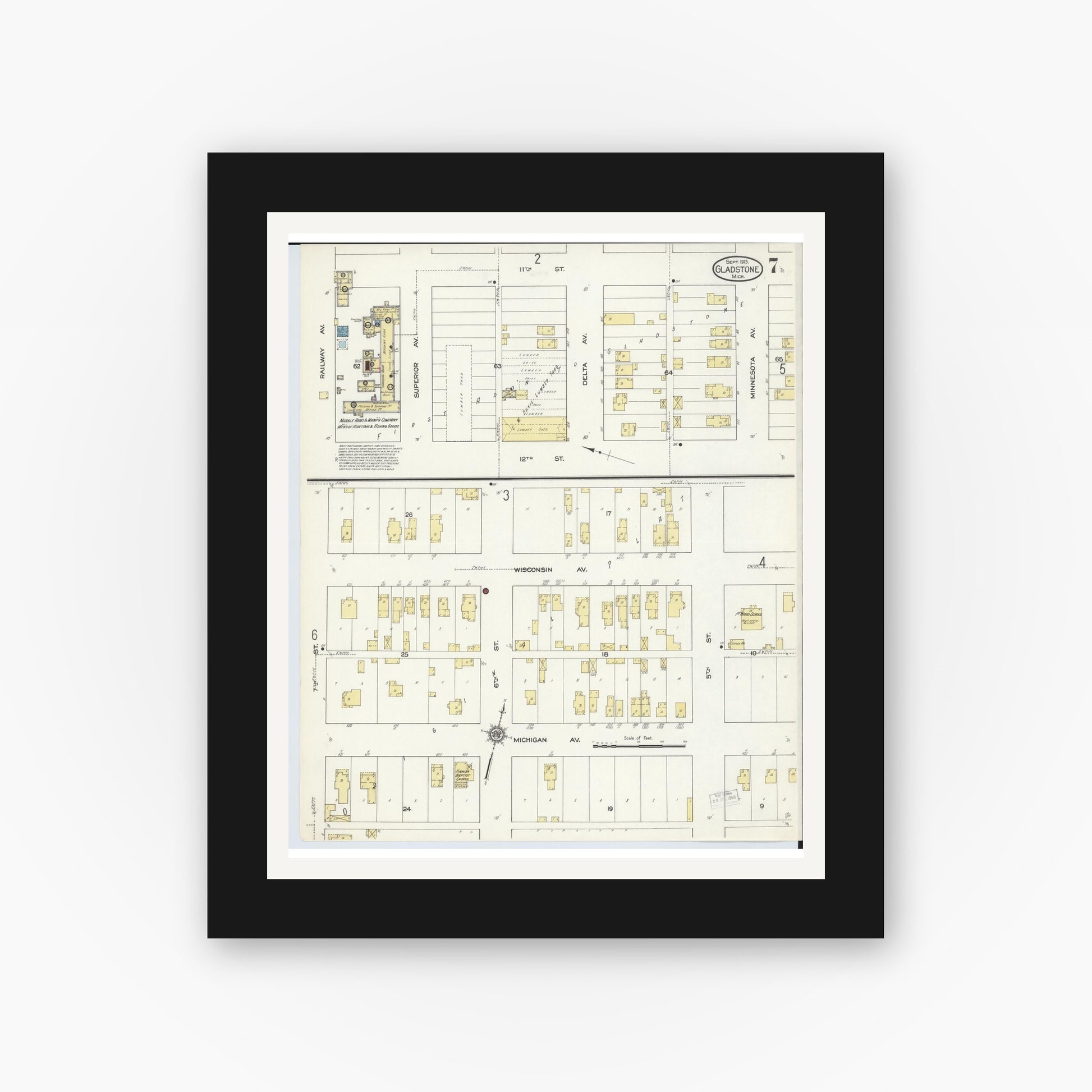 Old map wall art mockup — black gallery frame with white mat — Sanborn Fire Insurance Map from Gladstone, Delta County, Michigan (1913), Sheet #0007