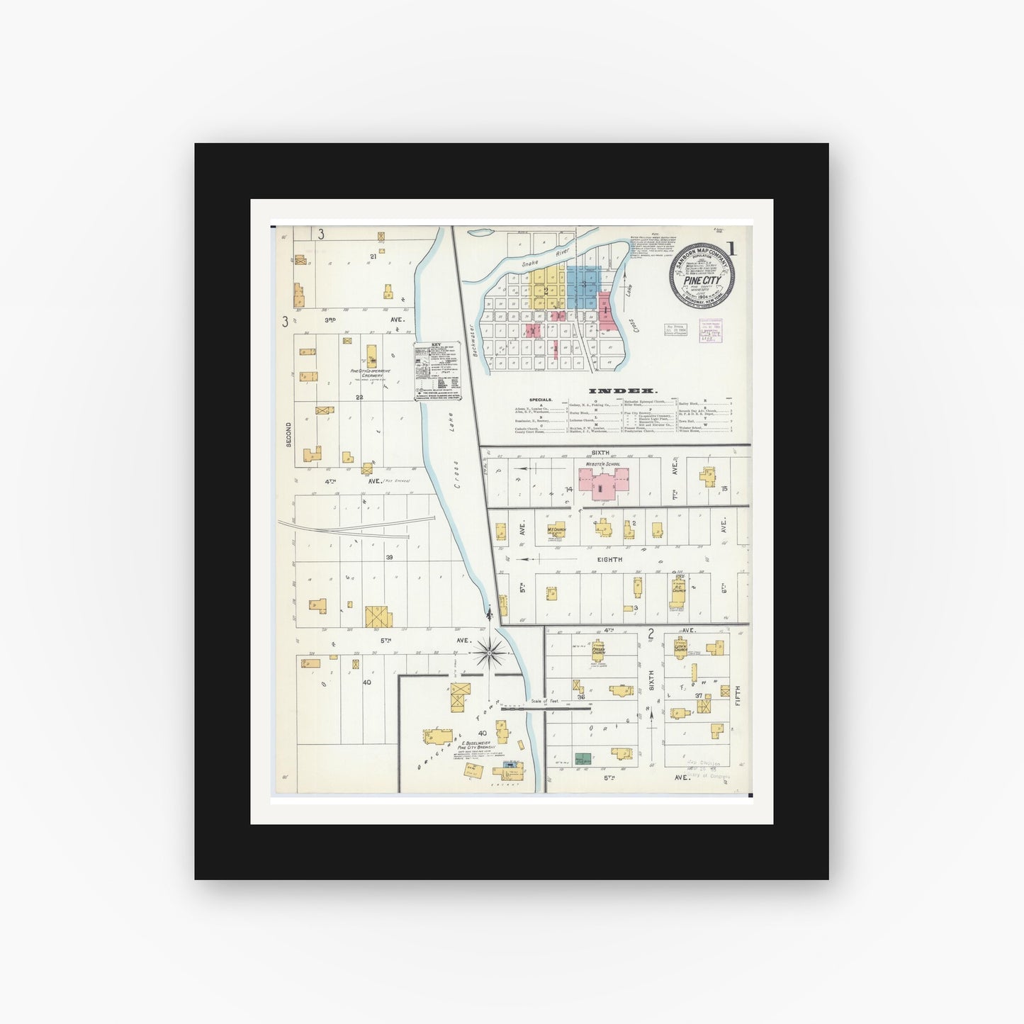 Old map wall art mockup — black gallery frame with white mat — Sanborn Fire Insurance Map from Pine City, Pine County, Minnesota (1904), Sheet #0001