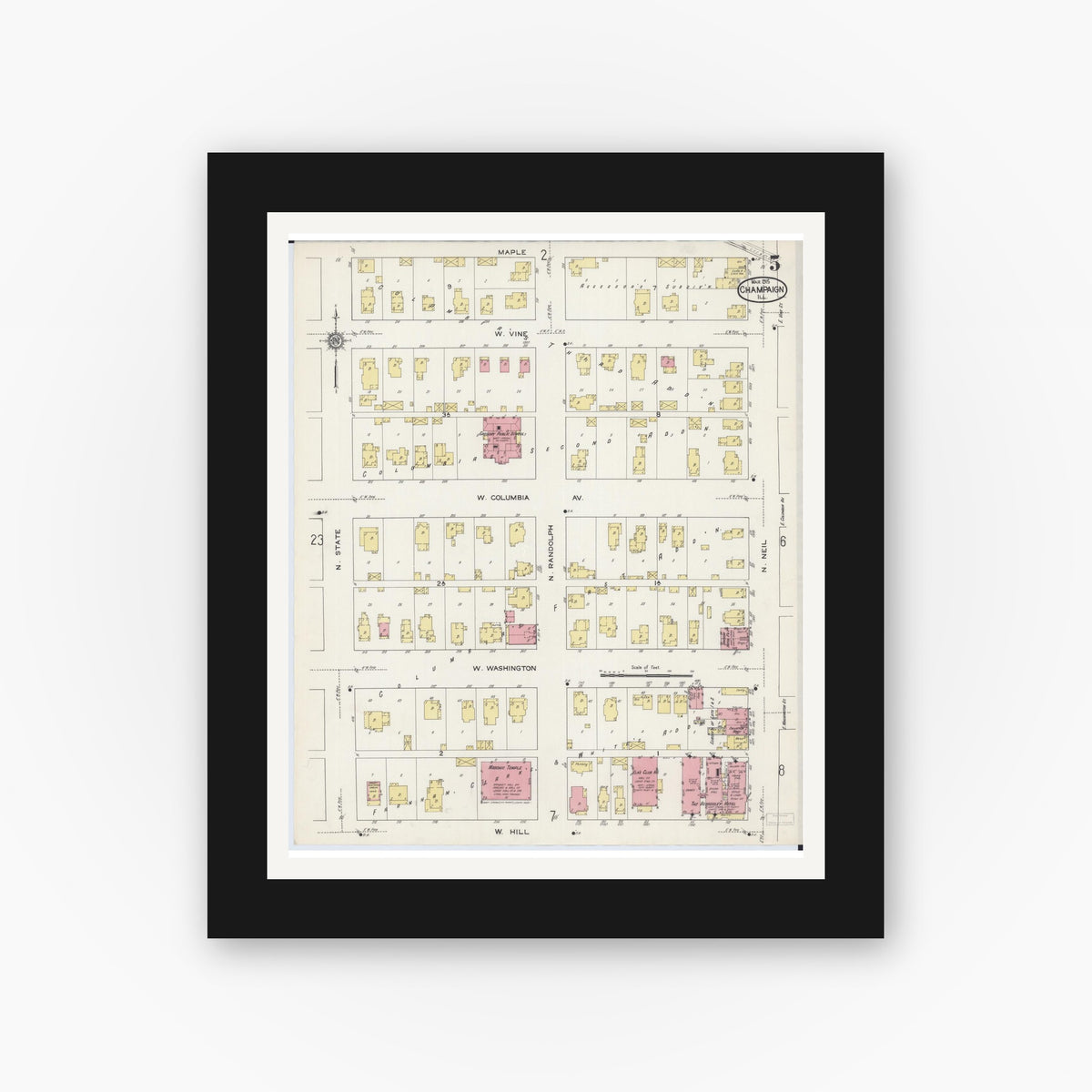 Old map wall art mockup — black gallery frame with white mat — Sanborn Fire Insurance Map from Champaign, Champaign County, Illinois (1915), Sheet #0005