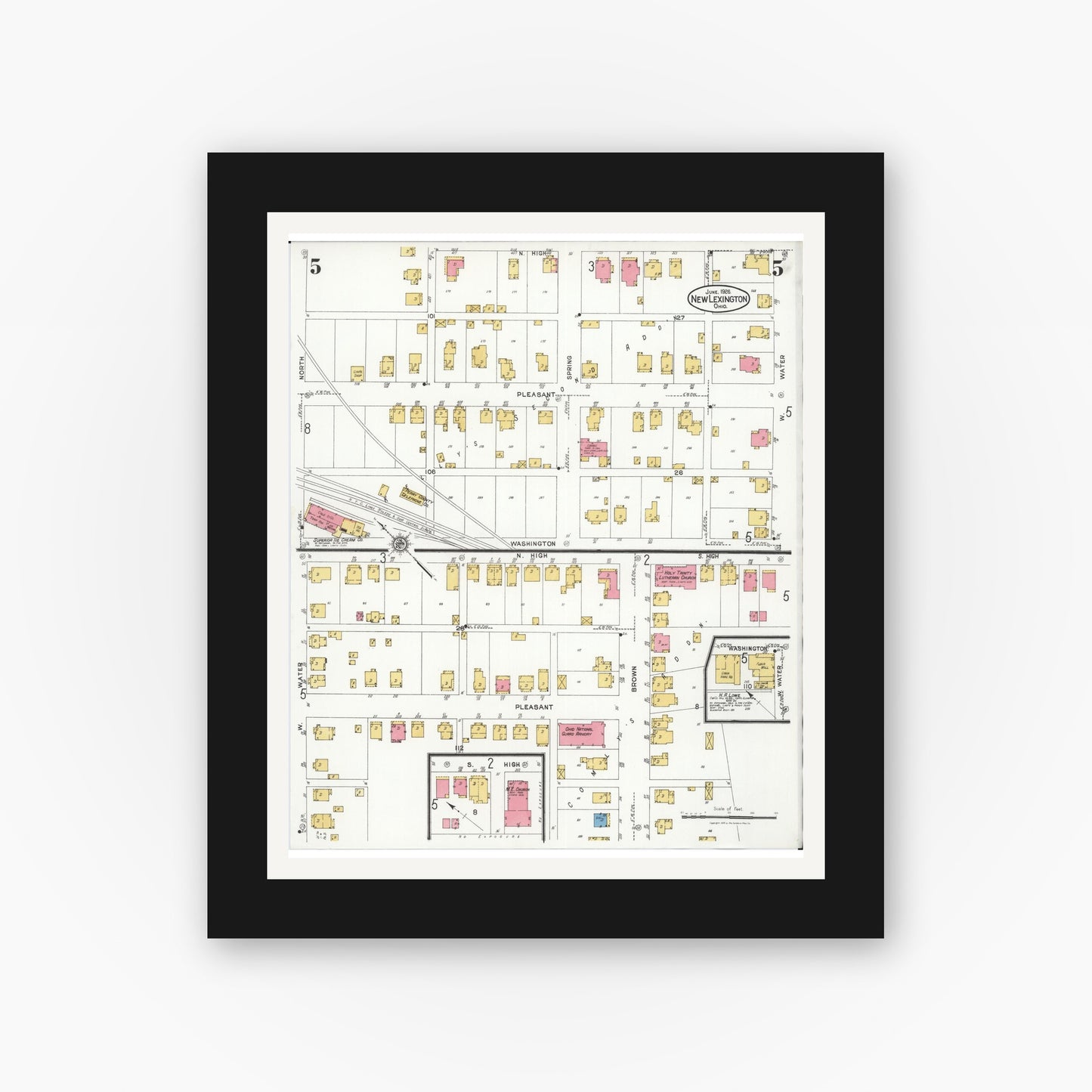 Old map wall art mockup — black gallery frame with white mat — Sanborn Fire Insurance Map from New Lexington, Perry County, Ohio (1926), Sheet #0005