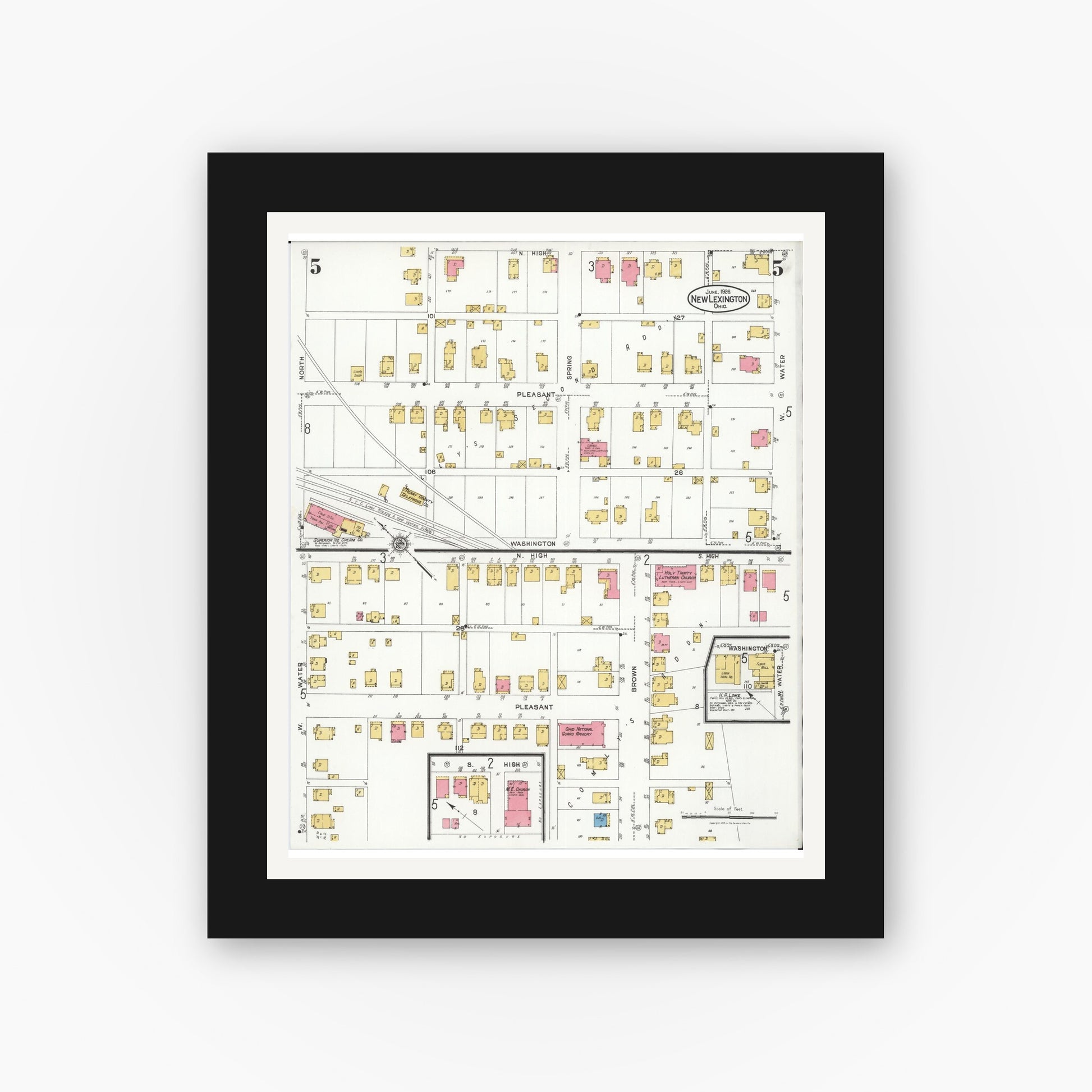 Old map wall art mockup — black gallery frame with white mat — Sanborn Fire Insurance Map from New Lexington, Perry County, Ohio (1926), Sheet #0005