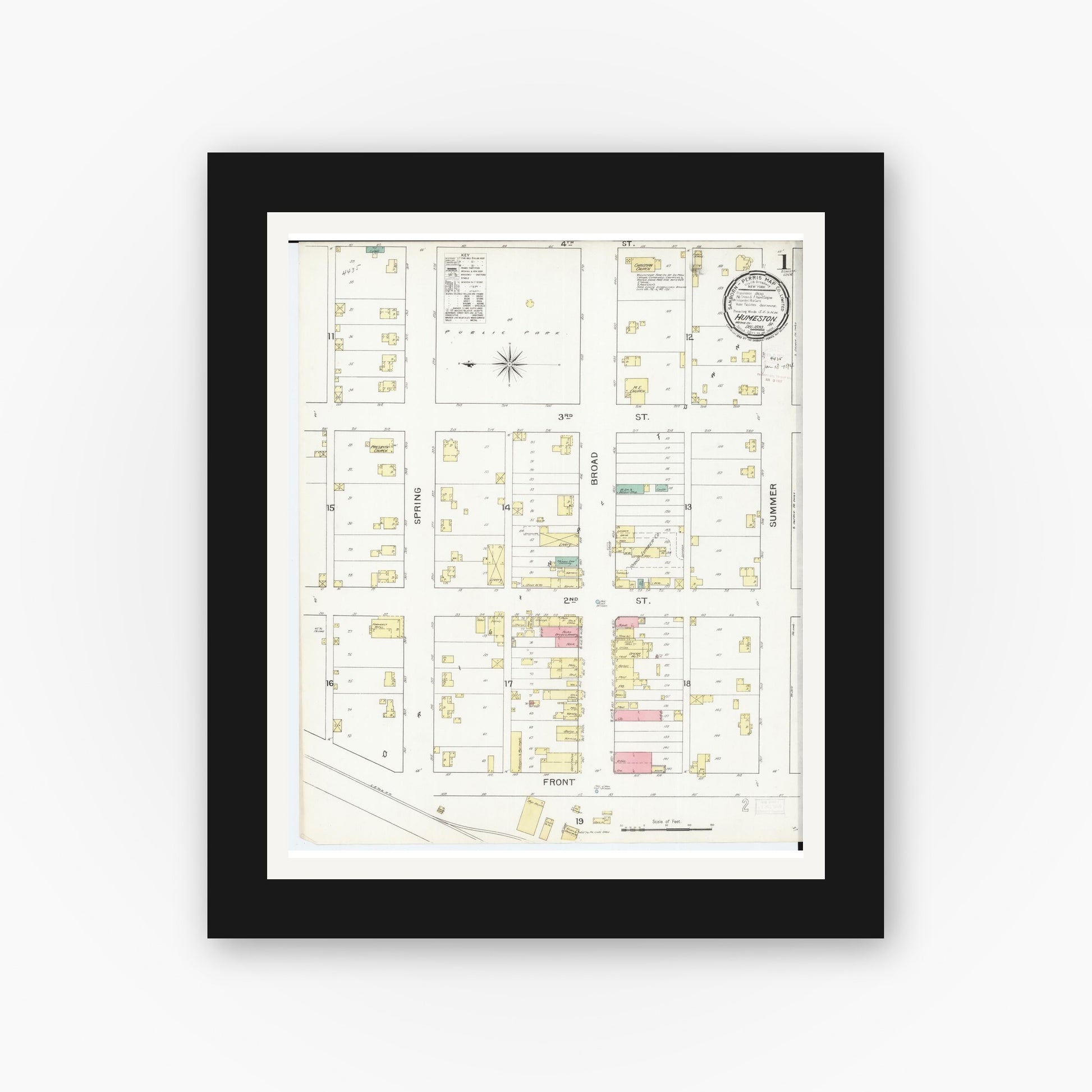 Old map wall art mockup — black gallery frame with white mat — Sanborn Fire Insurance Map from Humeston, Wayne County, Iowa (1893), Sheet #0001
