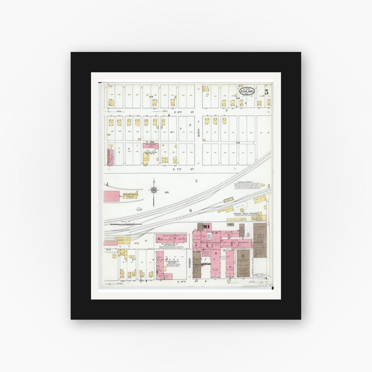 Old map wall art mockup — black gallery frame with white mat — Sanborn Fire Insurance Map from Ashland, Ashland County, Ohio (1919), Sheet #0005
