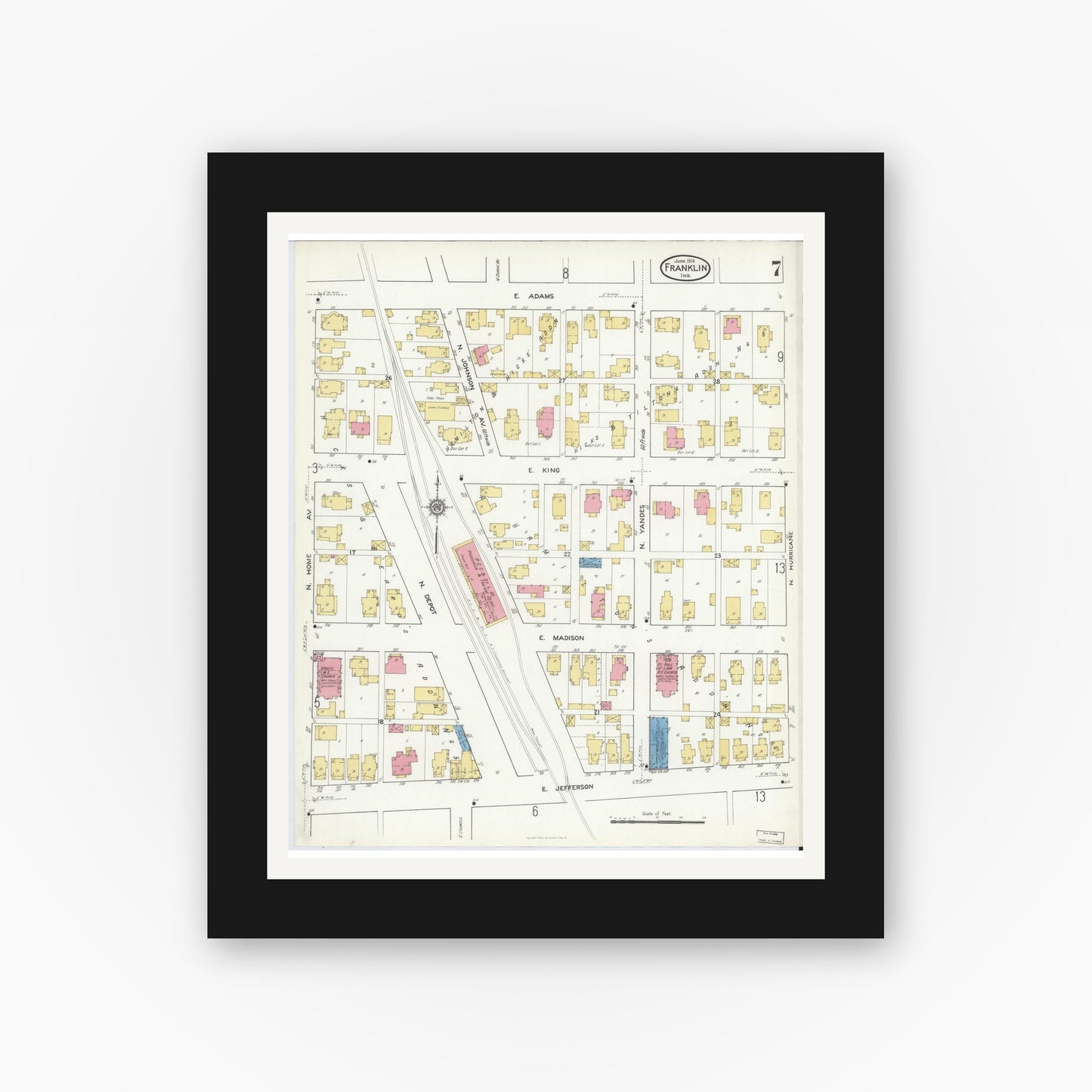 Old map wall art mockup — black gallery frame with white mat — Sanborn Fire Insurance Map from Franklin, Johnson County, Indiana (1916), Sheet #0007