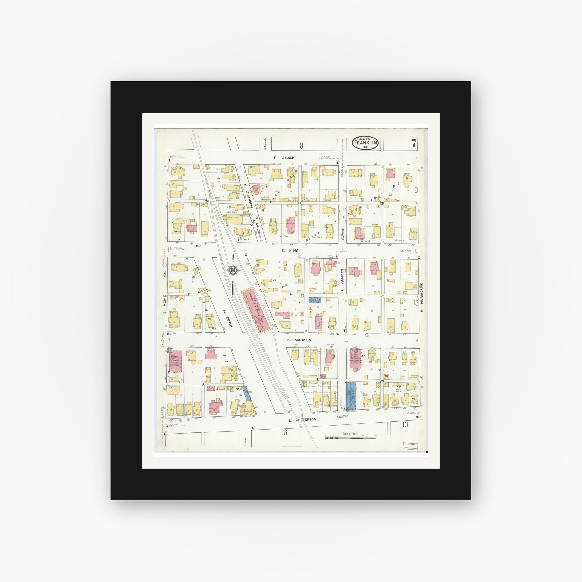 Old map wall art mockup — black gallery frame with white mat — Sanborn Fire Insurance Map from Franklin, Johnson County, Indiana (1916), Sheet #0007