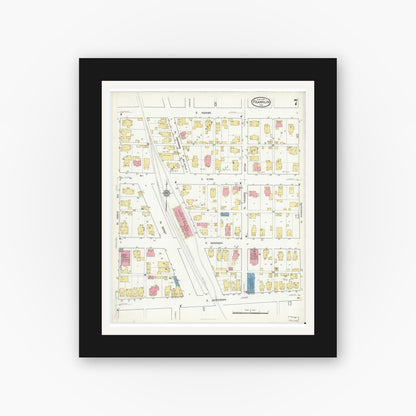 Old map wall art mockup — black gallery frame with white mat — Sanborn Fire Insurance Map from Franklin, Johnson County, Indiana (1916), Sheet #0007