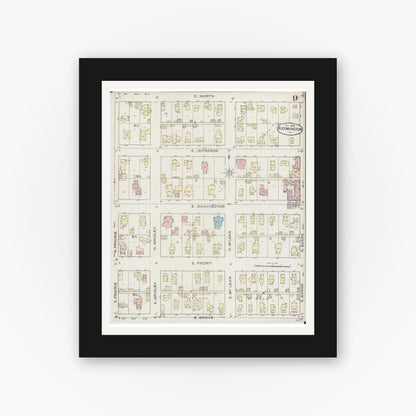 Old map wall art mockup — black gallery frame with white mat — Sanborn Fire Insurance Map from Bloomington, McLean County, Illinois (1886), Sheet #0009
