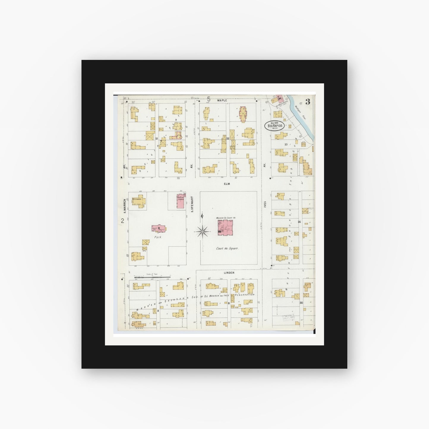 Old map wall art mockup — black gallery frame with white mat — Sanborn Fire Insurance Map from Big Rapids, Mecosta County, Michigan (1899), Sheet #0003