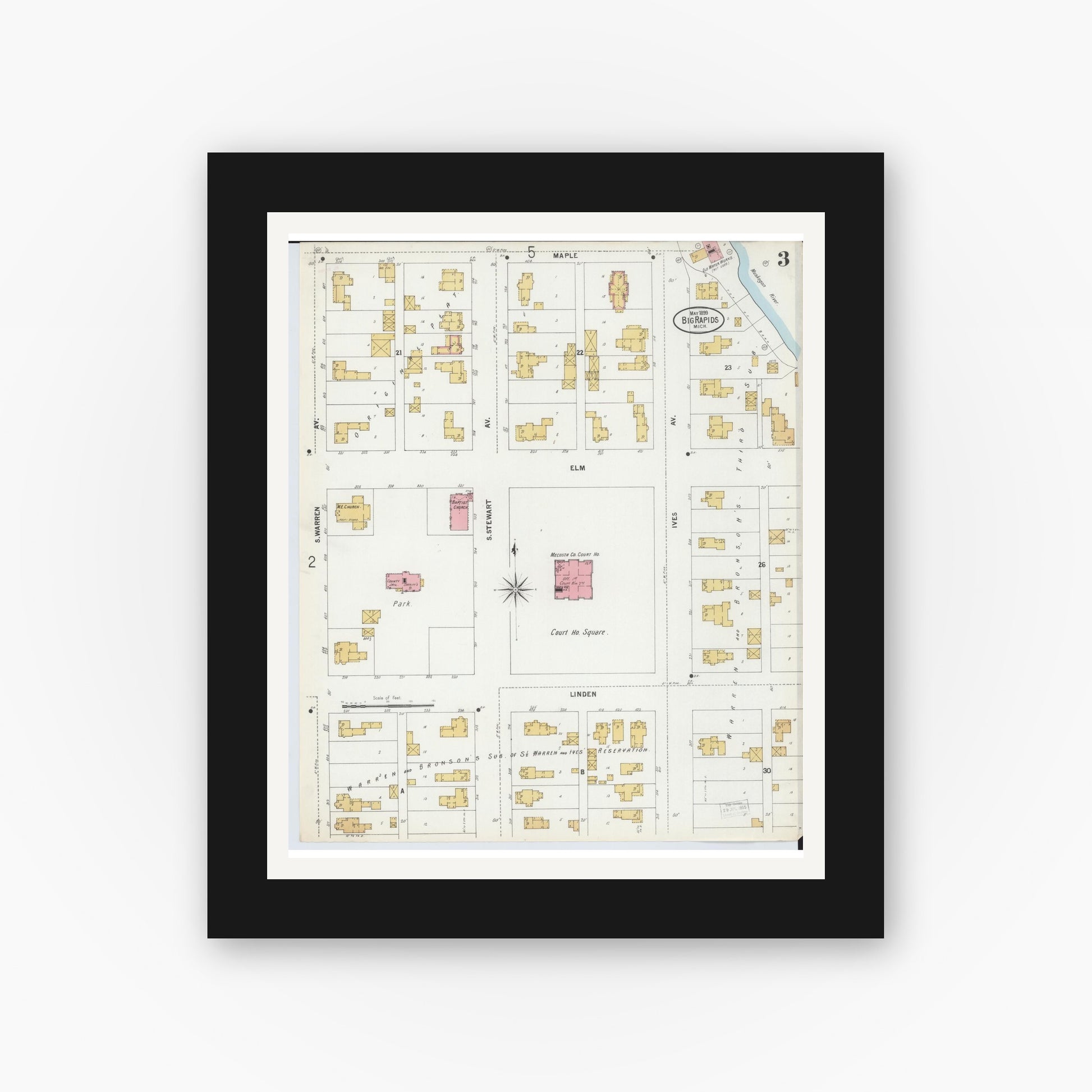 Old map wall art mockup — black gallery frame with white mat — Sanborn Fire Insurance Map from Big Rapids, Mecosta County, Michigan (1899), Sheet #0003