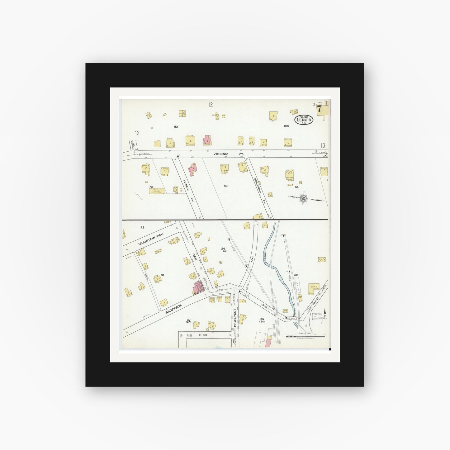 Old map wall art mockup — black gallery frame with white mat — Sanborn Fire Insurance Map from Lenoir, Caldwell County, North Carolina (1921), Sheet #0007