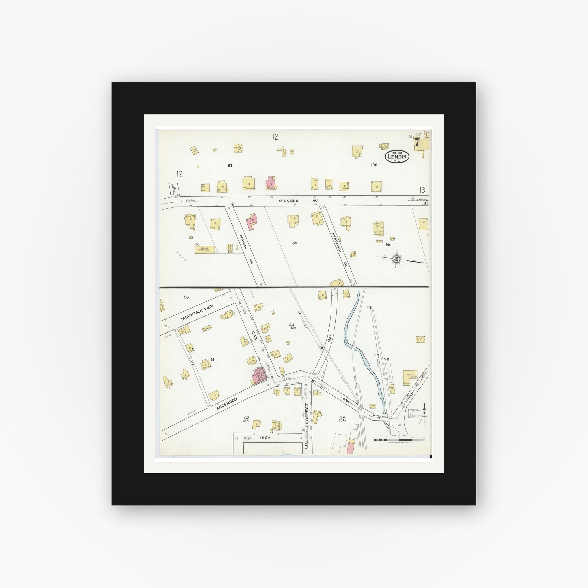 Old map wall art mockup — black gallery frame with white mat — Sanborn Fire Insurance Map from Lenoir, Caldwell County, North Carolina (1921), Sheet #0007
