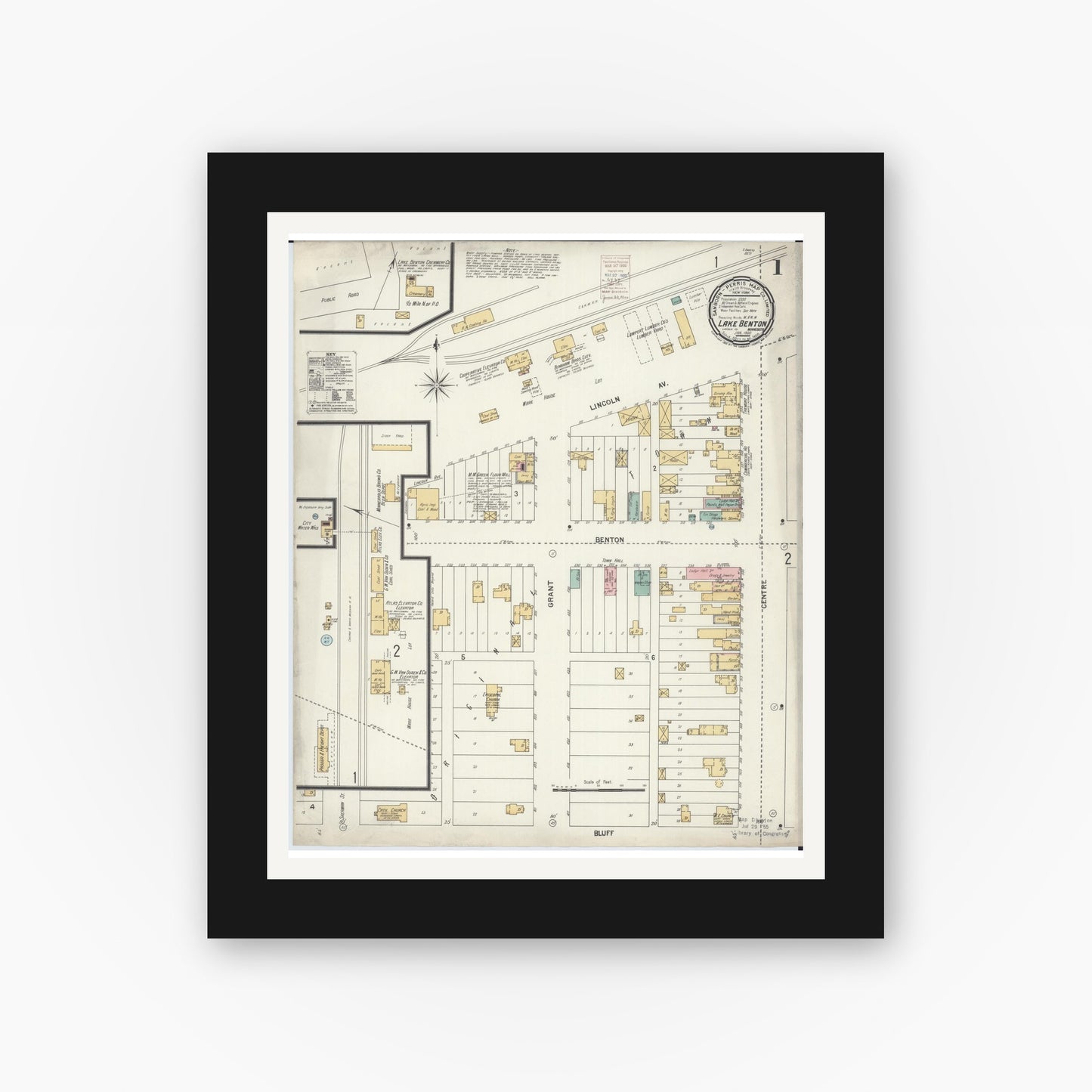 Old map wall art mockup — black gallery frame with white mat — Sanborn Fire Insurance Map from Lake Benton, Lincoln County, Minnesota (1900), Sheet #0001