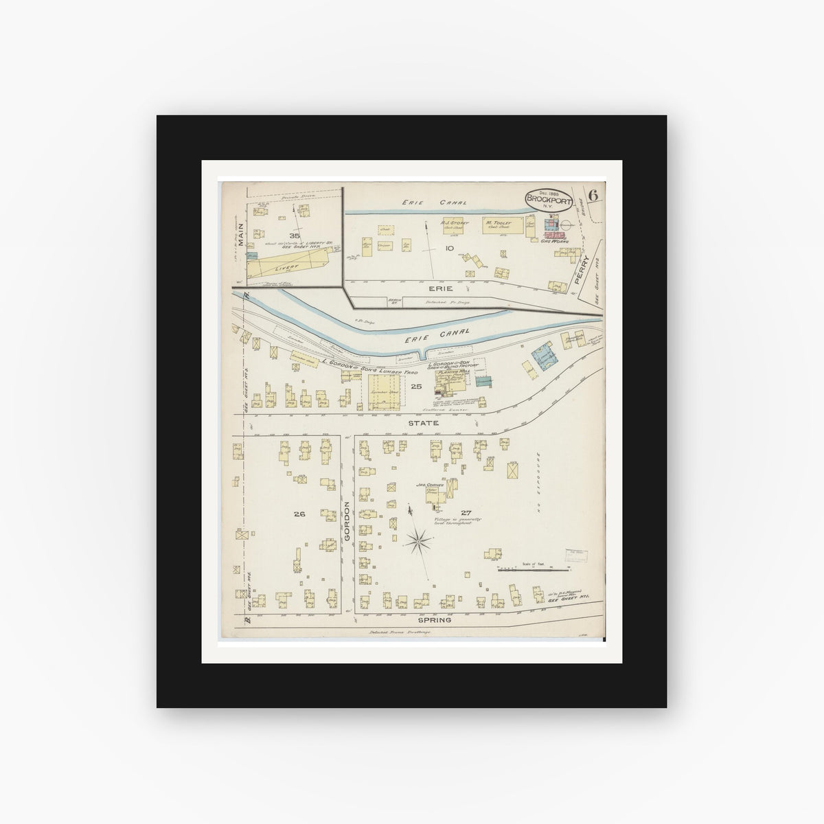 Old map wall art mockup — black gallery frame with white mat — Sanborn Fire Insurance Map from Brockport, Monroe County, New York (1885), Sheet #0006