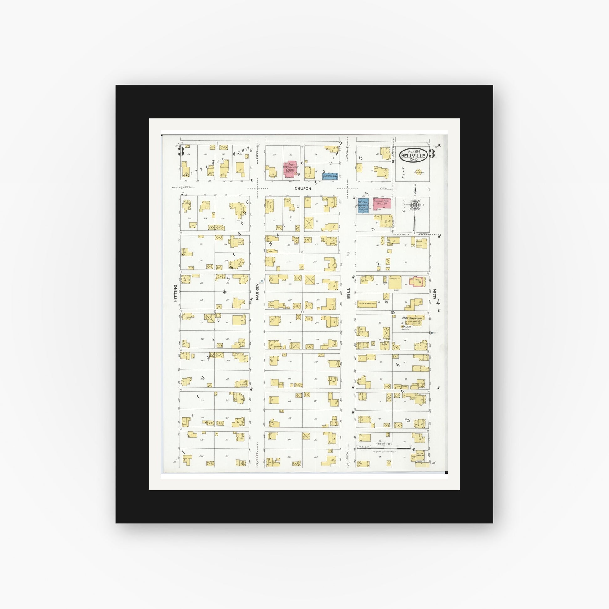 Old map wall art mockup — black gallery frame with white mat — Sanborn Fire Insurance Map from Bellville, Richland County, Ohio (1926), Sheet #0003