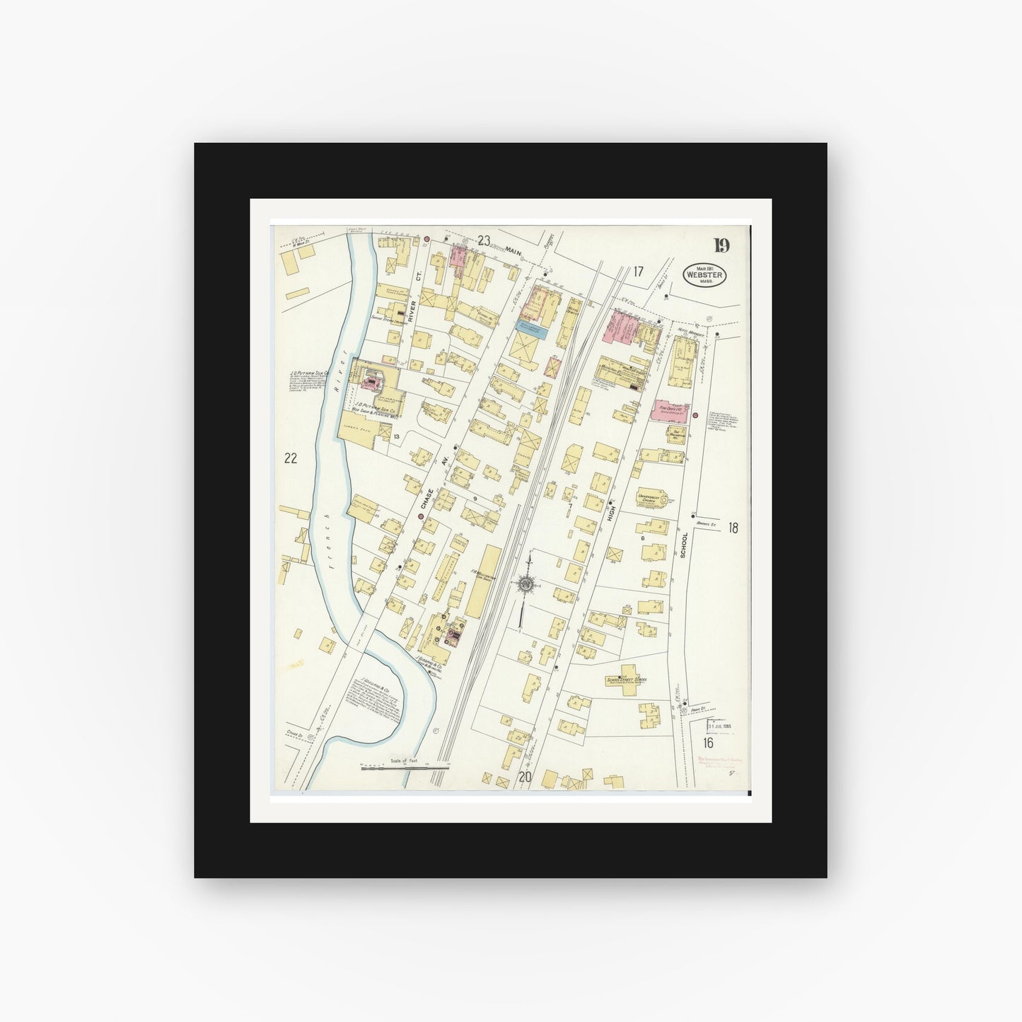 Old map wall art mockup — black gallery frame with white mat — Sanborn Fire Insurance Map from Webster, Worcester County, Massachusetts (1911), Sheet #0019