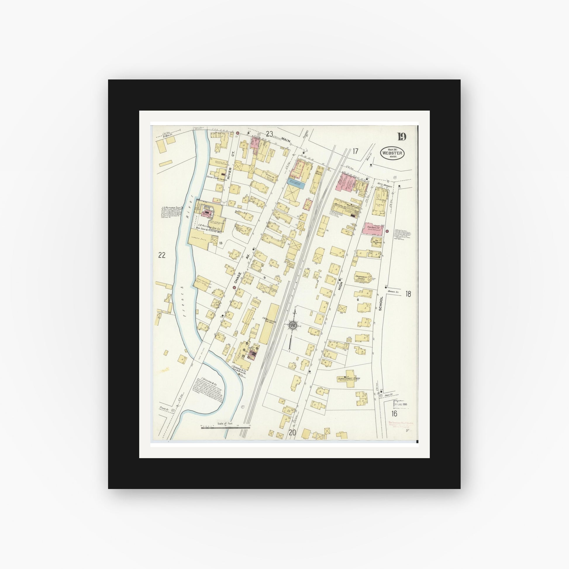 Old map wall art mockup — black gallery frame with white mat — Sanborn Fire Insurance Map from Webster, Worcester County, Massachusetts (1911), Sheet #0019