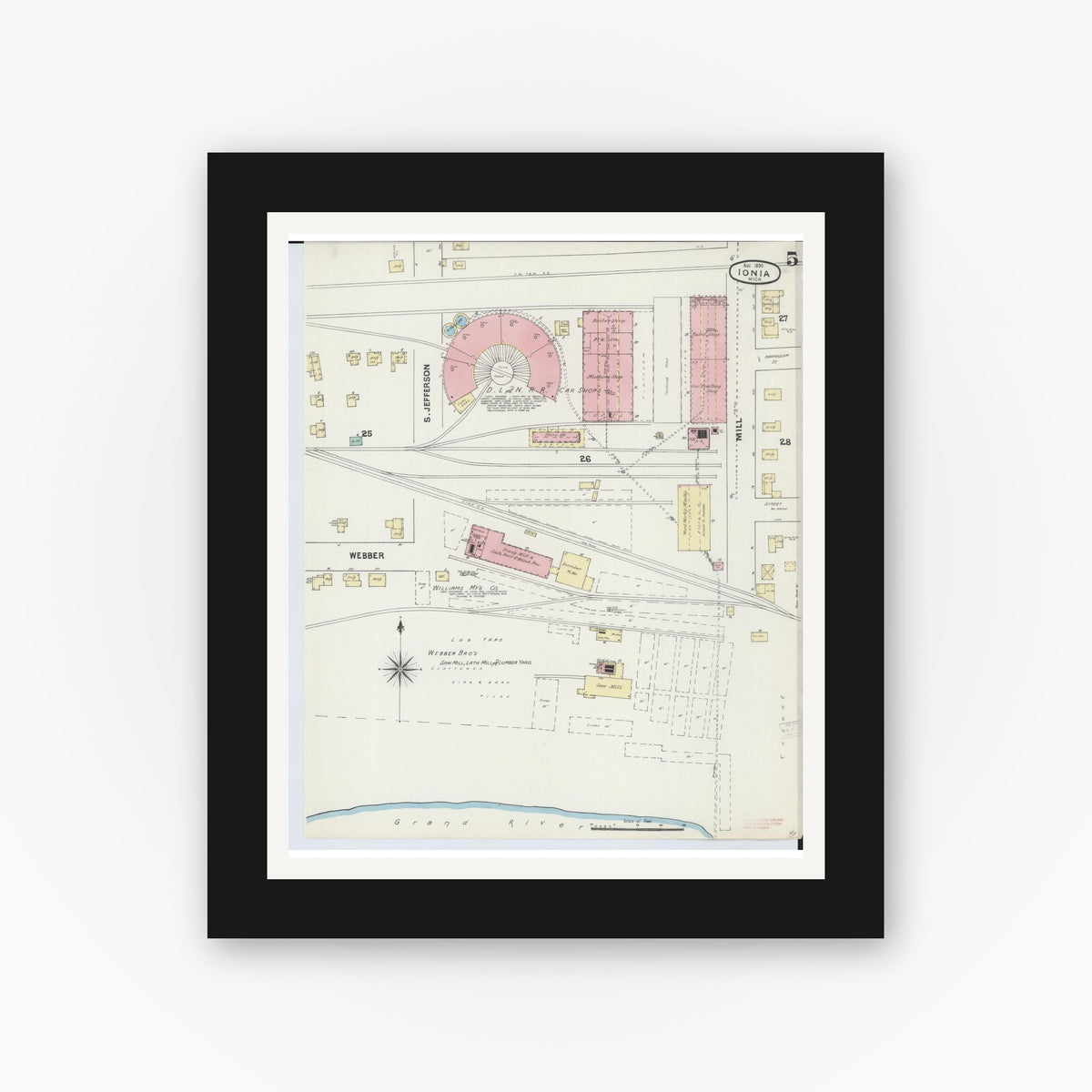 Old map wall art mockup — black gallery frame with white mat — Sanborn Fire Insurance Map from Ionia, Ionia County, Michigan (1890), Sheet #0005