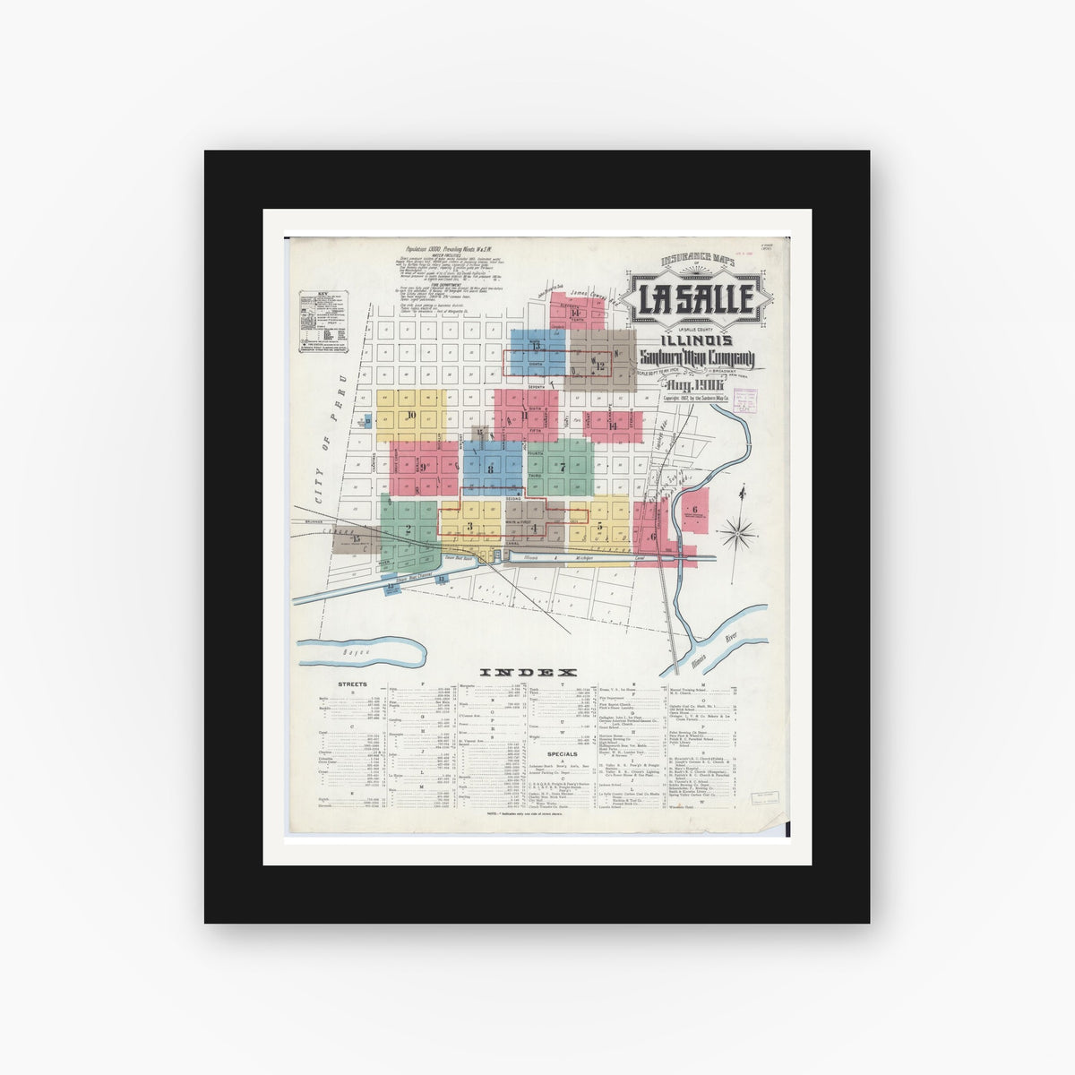 Old map wall art mockup — black gallery frame with white mat — Sanborn Fire Insurance Map from La Salle, La Salle County, Illinois (1906) - Complete Map Set