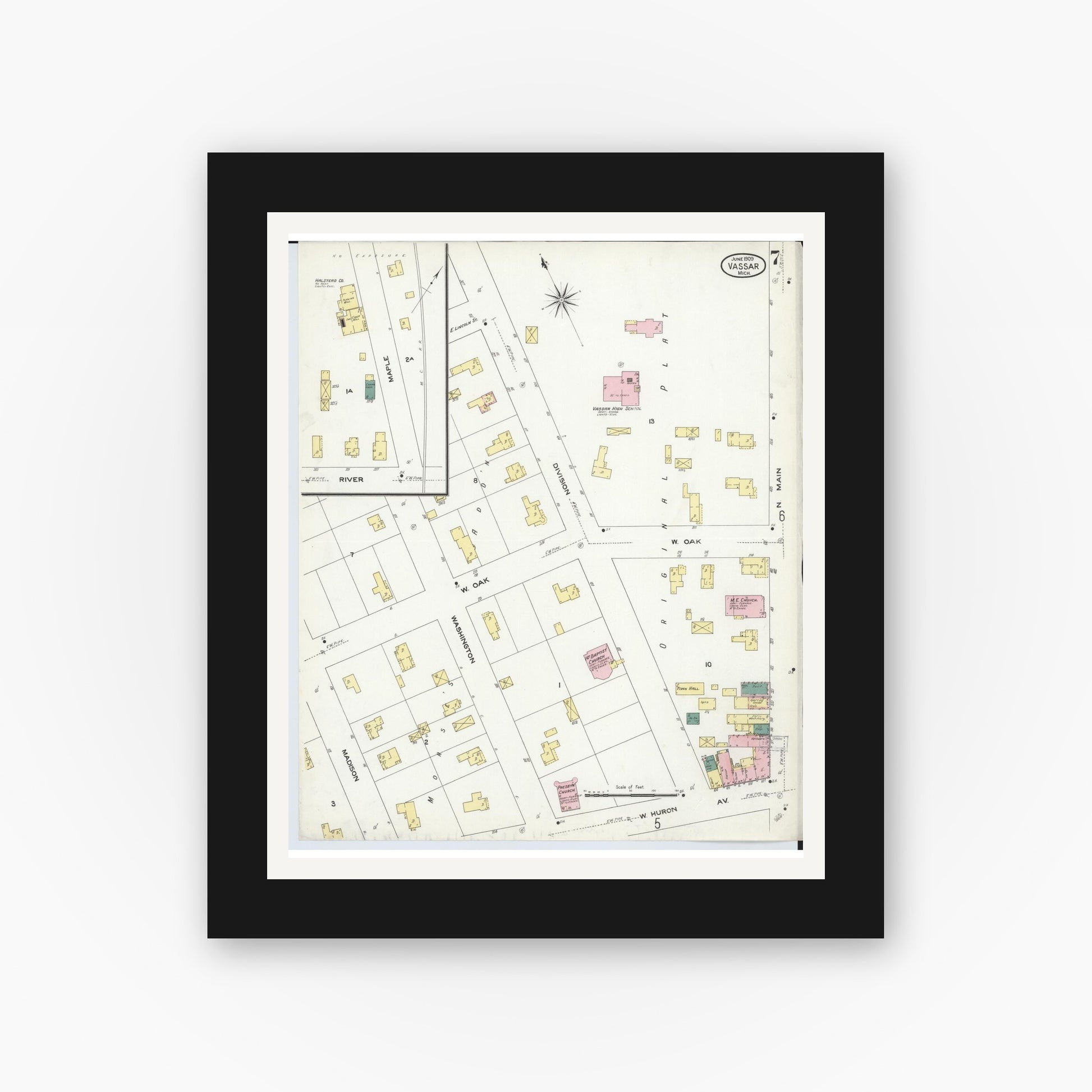 Old map wall art mockup — black gallery frame with white mat — Sanborn Fire Insurance Map from Vassar, Tuscola County, Michigan (1909), Sheet #0007