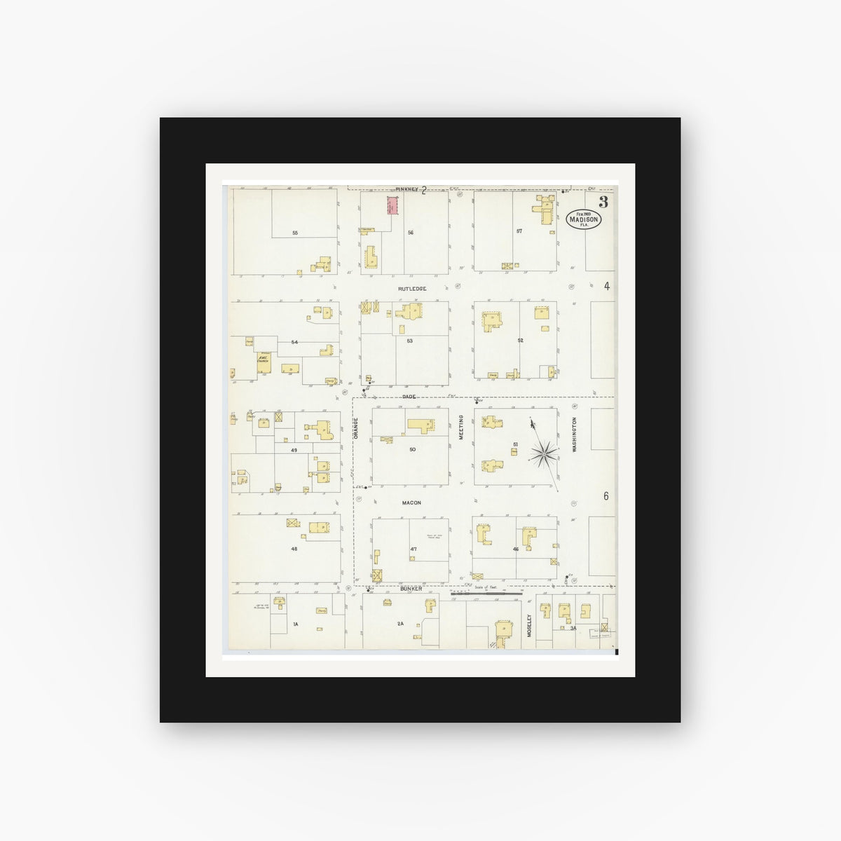 Old map wall art mockup — black gallery frame with white mat — Sanborn Fire Insurance Map from Madison, Madison County, Florida (1903), Sheet #0003