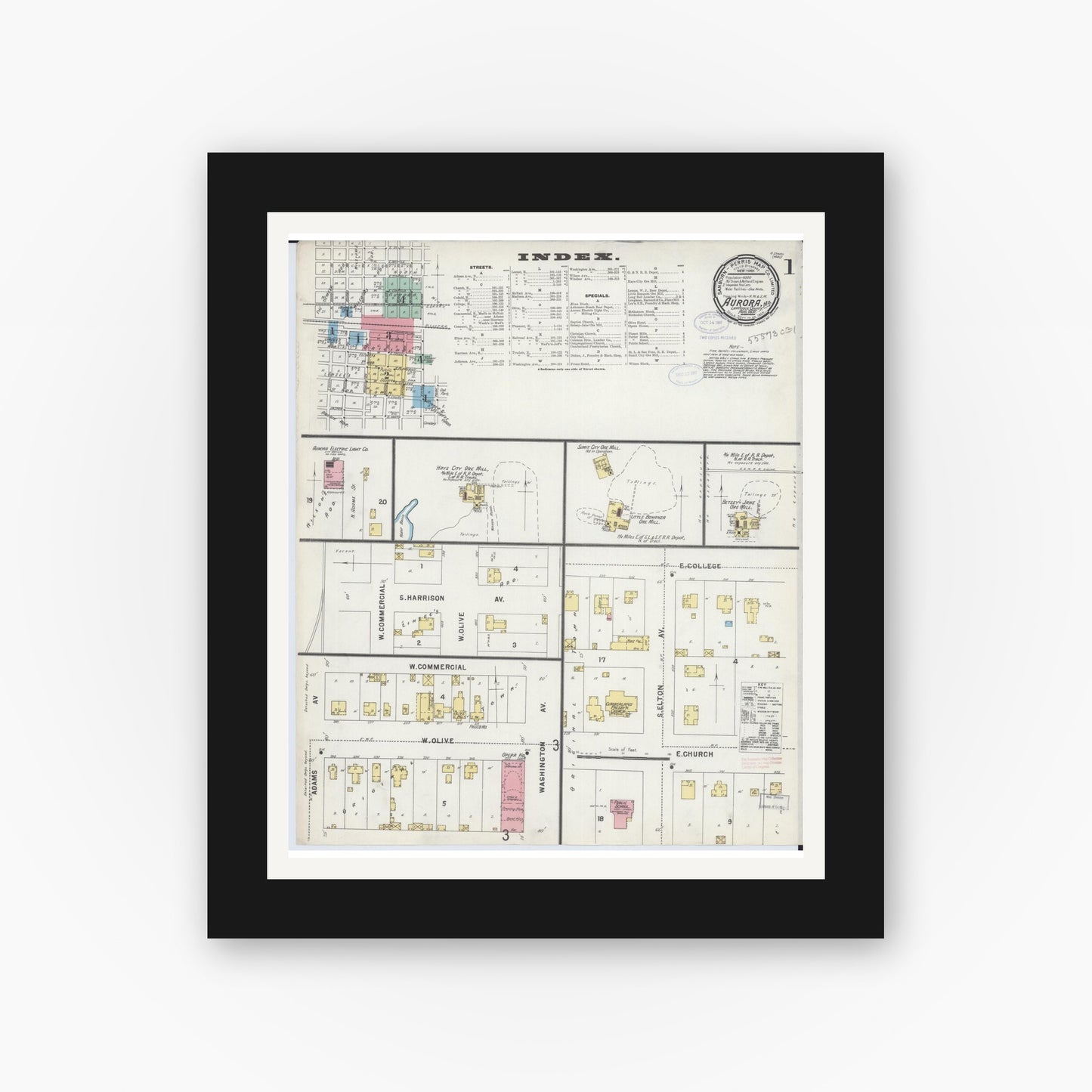 Old map wall art mockup — black gallery frame with white mat — Sanborn Fire Insurance Map from Aurora, Lawrence County, Missouri (1897) - Complete Map Set