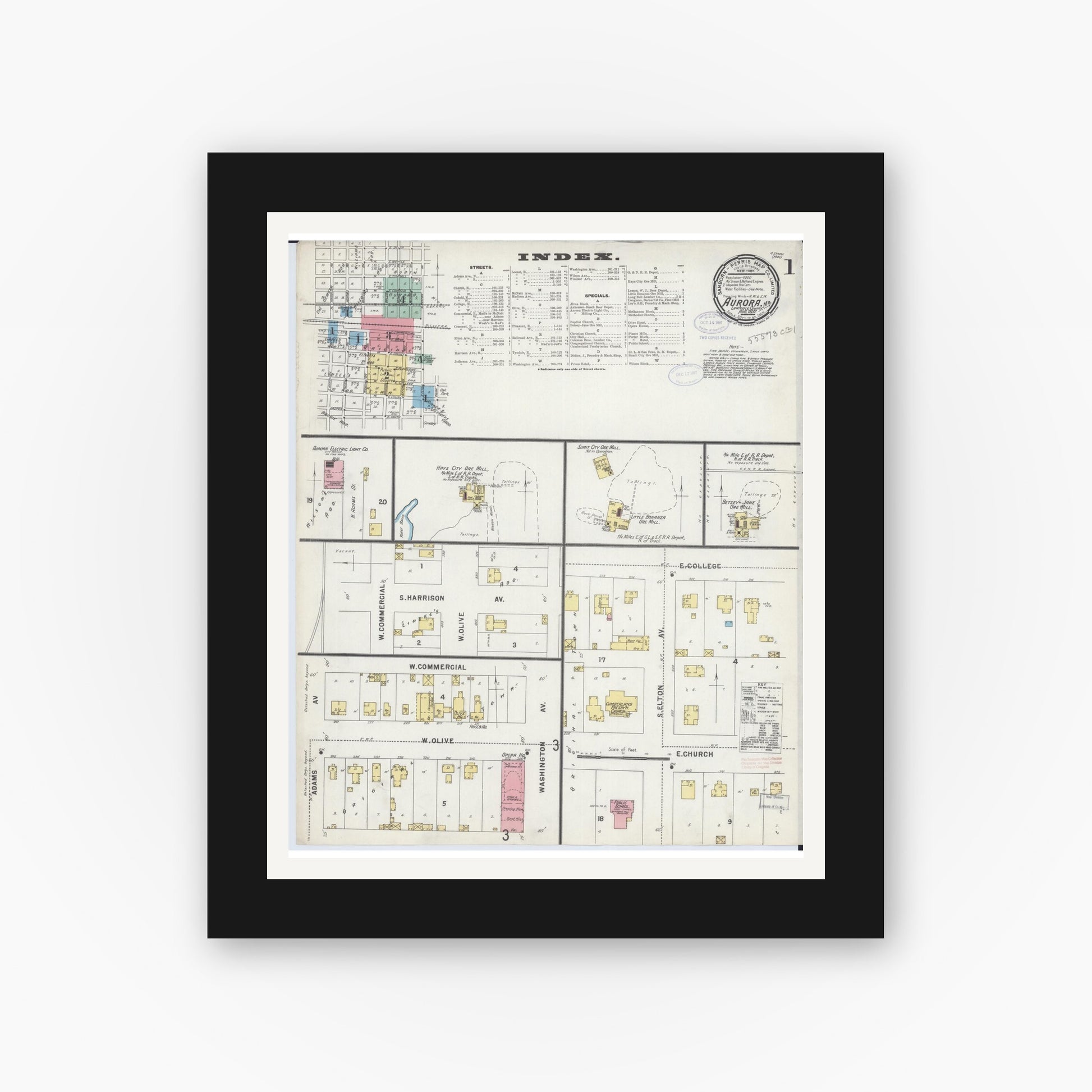 Old map wall art mockup — black gallery frame with white mat — Sanborn Fire Insurance Map from Aurora, Lawrence County, Missouri (1897) - Complete Map Set