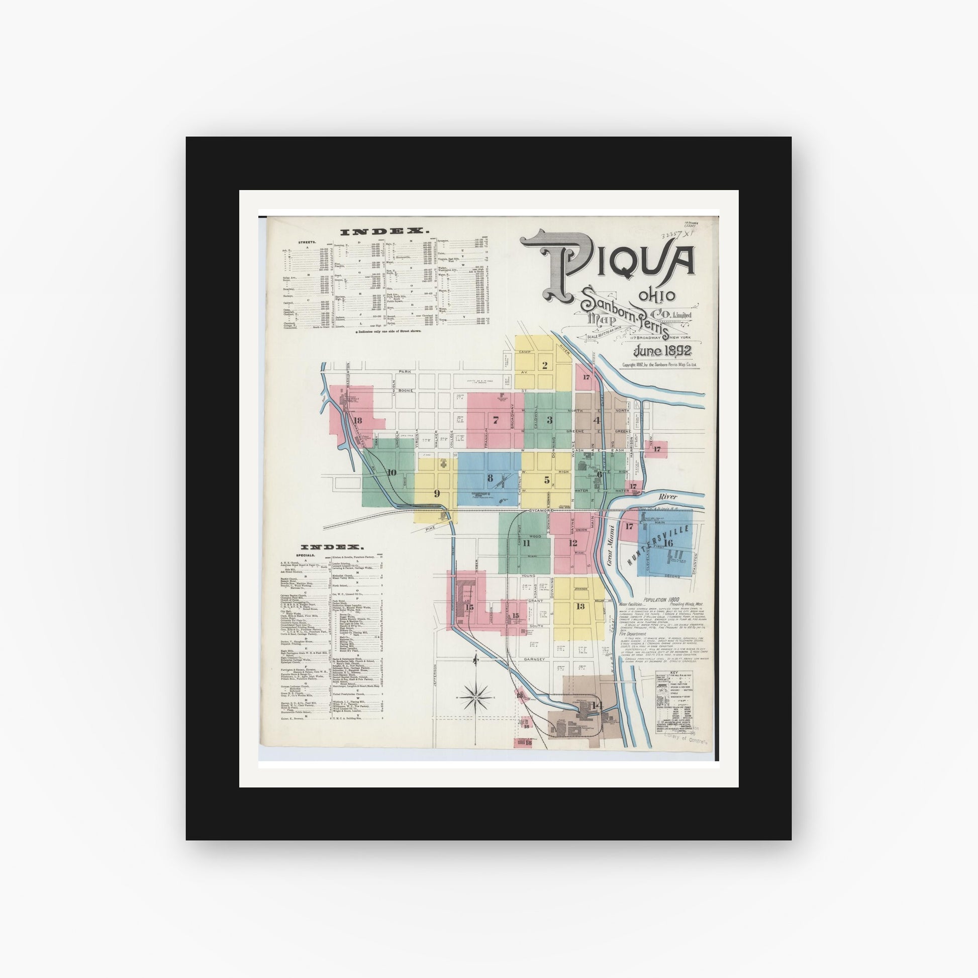 Old map wall art mockup — black gallery frame with white mat — Sanborn Fire Insurance Map from Piqua, Miami County, Ohio (1892) - Complete Map Set