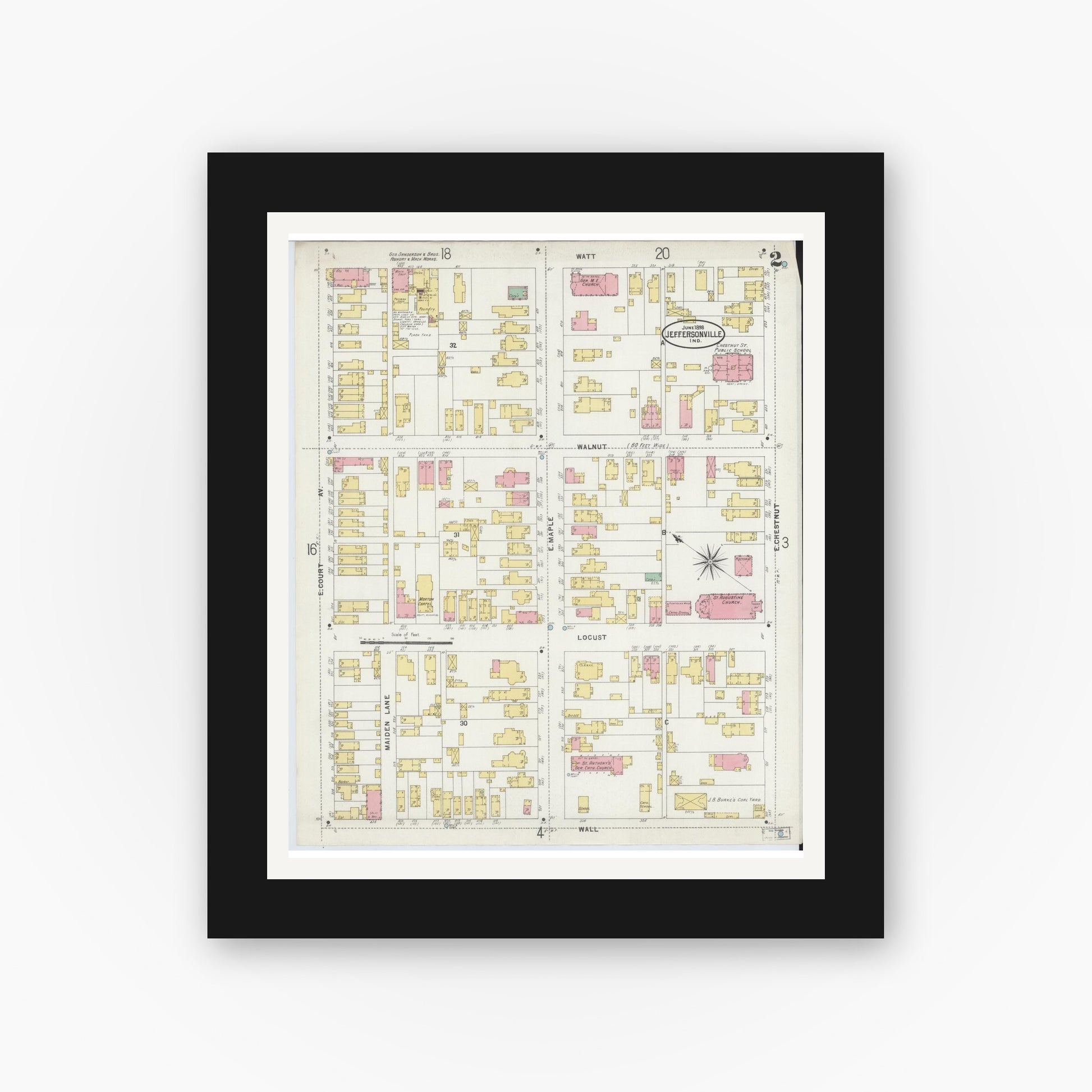 Old map wall art mockup — black gallery frame with white mat — Sanborn Fire Insurance Map from Jeffersonville, Clark County, Indiana (1898), Sheet #0002