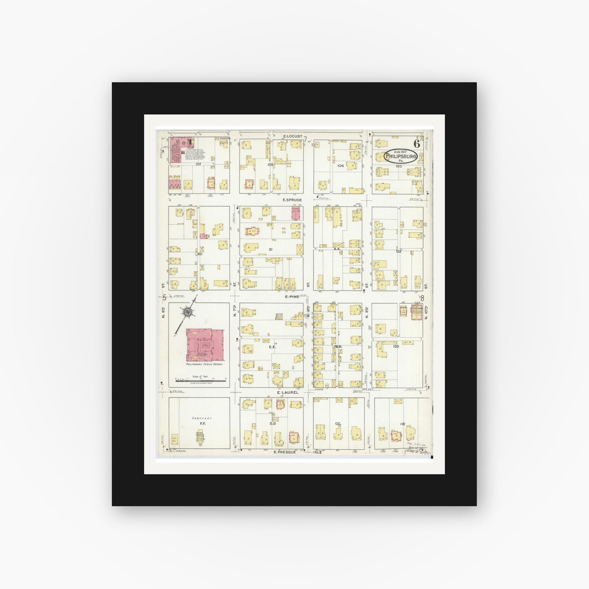 Old map wall art mockup — black gallery frame with white mat — Sanborn Fire Insurance Map from Philipsburg, Centre County, Pennsylvania (1917), Sheet #0006