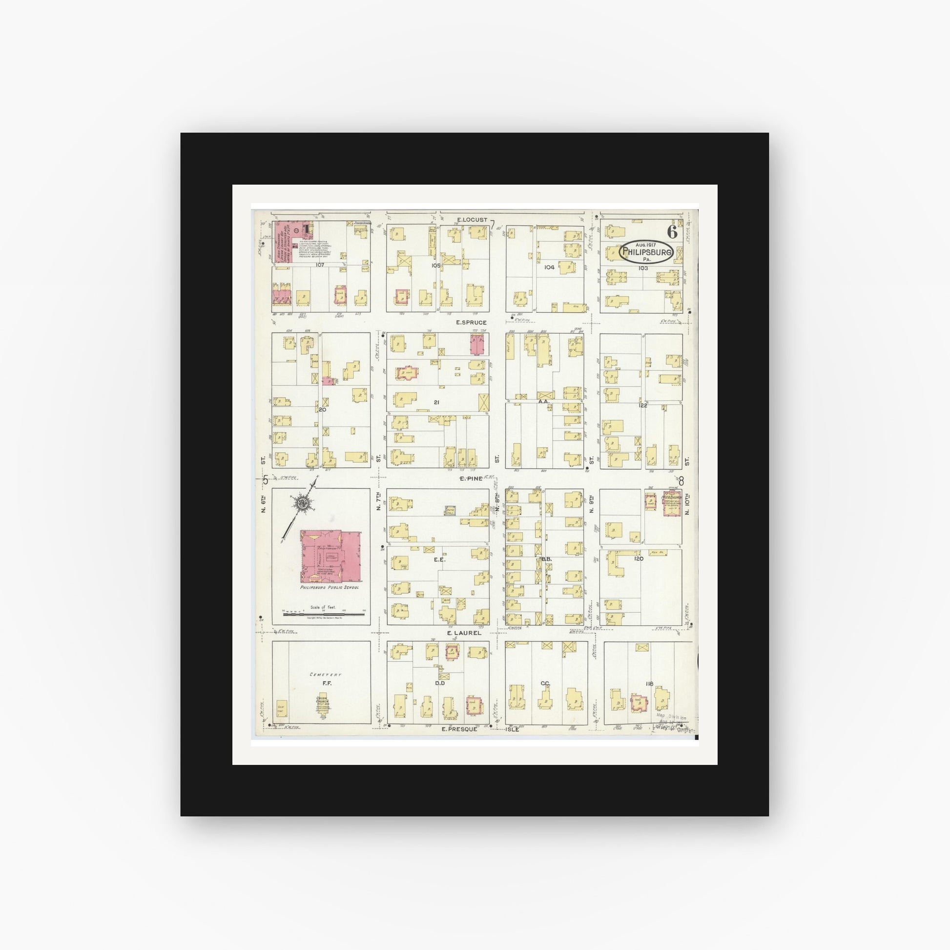 Old map wall art mockup — black gallery frame with white mat — Sanborn Fire Insurance Map from Philipsburg, Centre County, Pennsylvania (1917), Sheet #0006