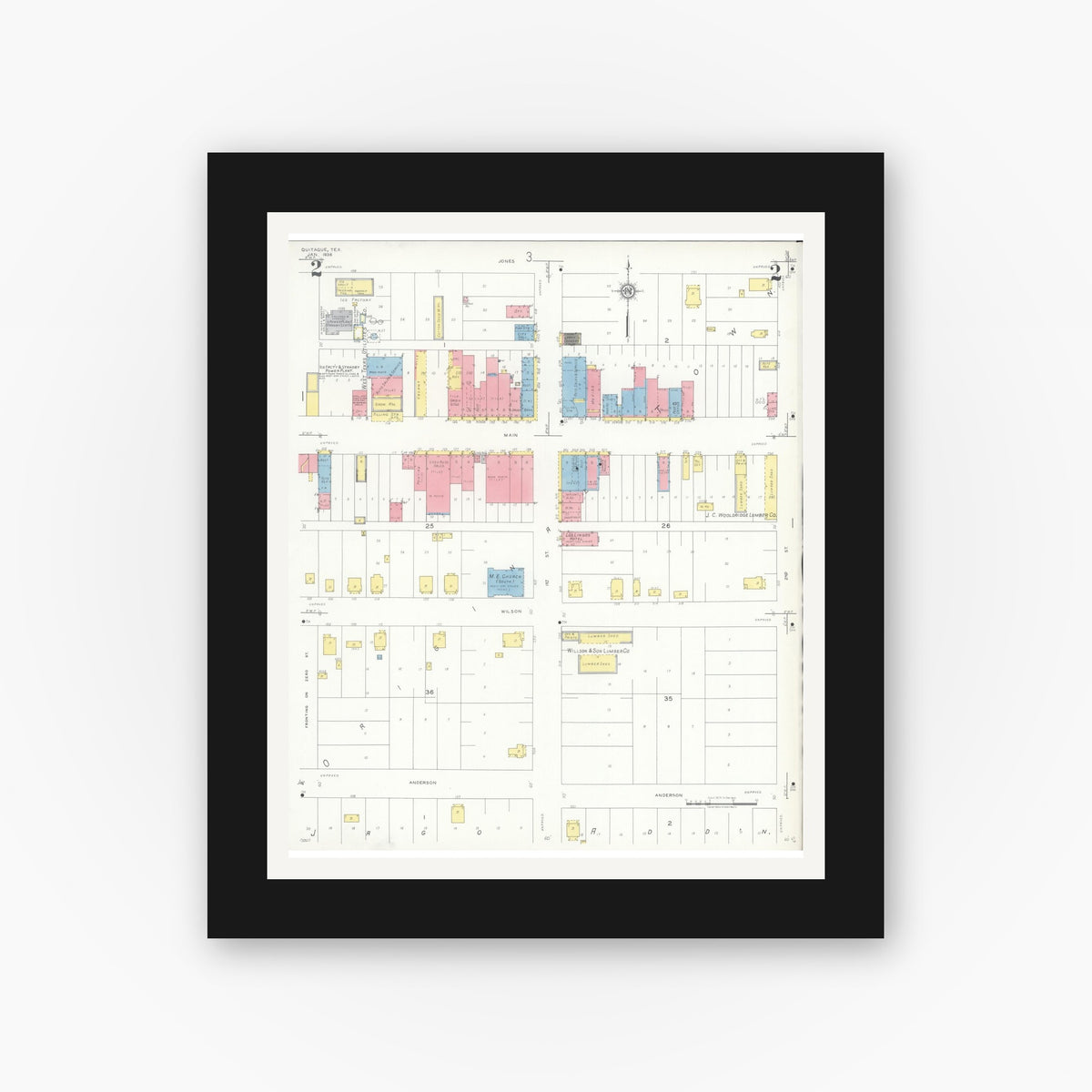 Old map wall art mockup — black gallery frame with white mat — Sanborn Fire Insurance Map from Quitaque, Briscoe County, Texas (1936), Sheet #0002