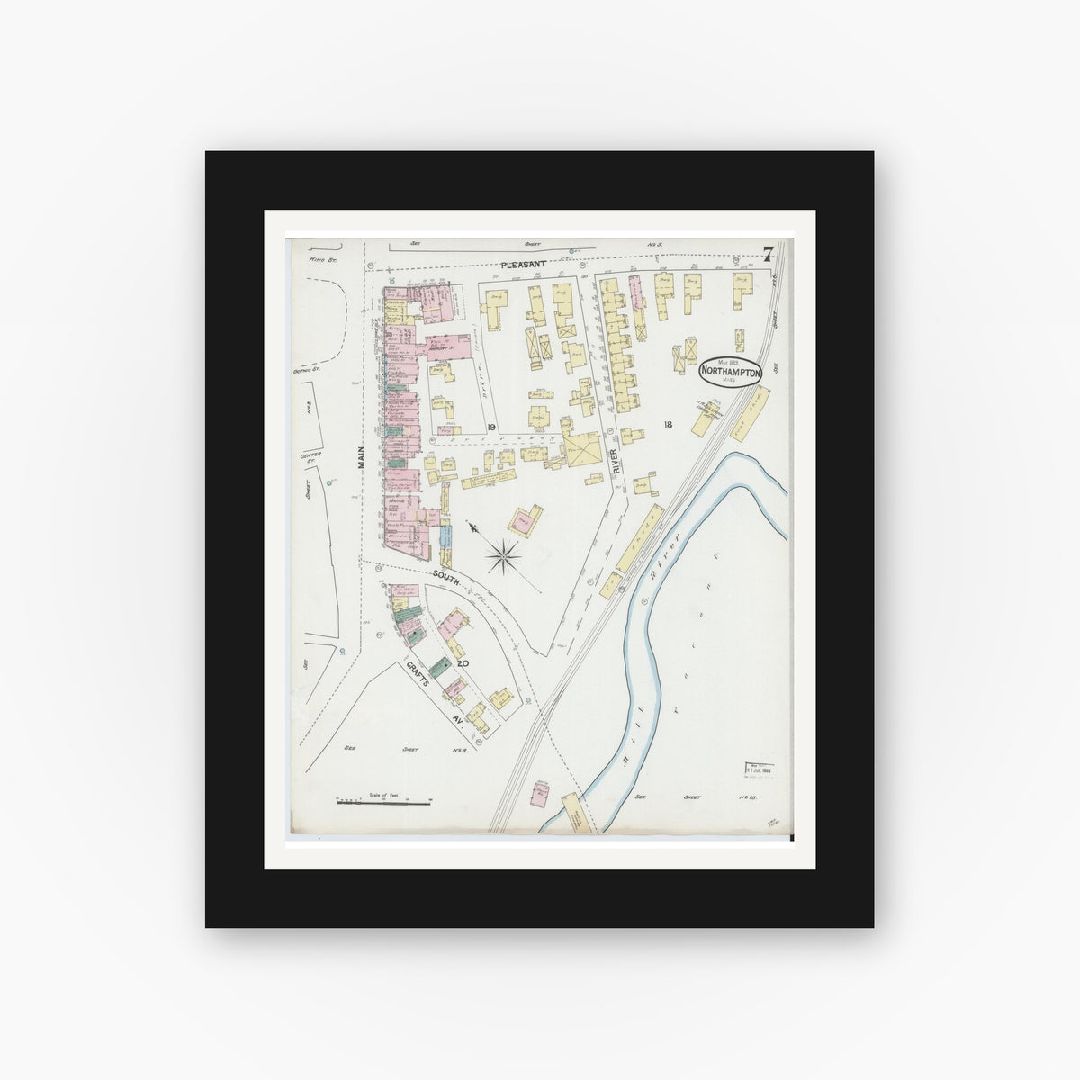Old map wall art mockup — black gallery frame with white mat — Sanborn Fire Insurance Map from Northampton, Hampshire County, Massachusetts (1889), Sheet #0007