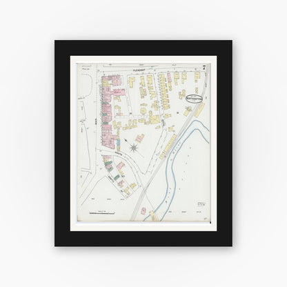 Old map wall art mockup — black gallery frame with white mat — Sanborn Fire Insurance Map from Northampton, Hampshire County, Massachusetts (1889), Sheet #0007
