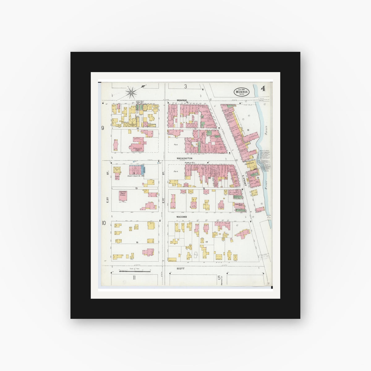 Old map wall art mockup — black gallery frame with white mat — Sanborn Fire Insurance Map from Monroe, Monroe County, Michigan (1899), Sheet #0004