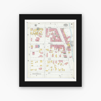 Old map wall art mockup — black gallery frame with white mat — Sanborn Fire Insurance Map from Monroe, Monroe County, Michigan (1899), Sheet #0004