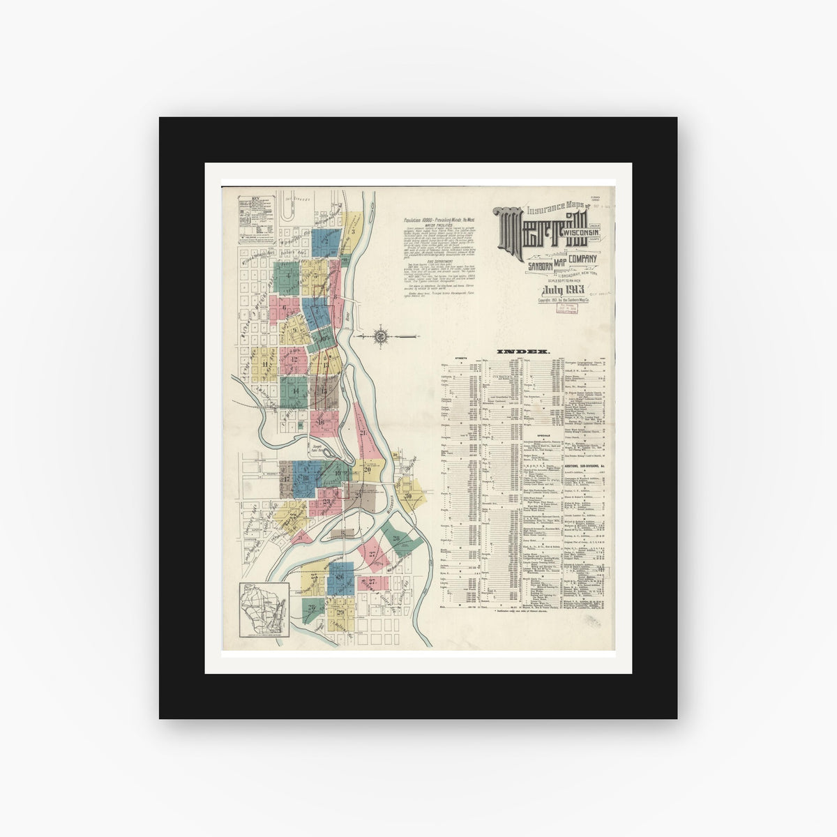 Old map wall art mockup — black gallery frame with white mat — Sanborn Fire Insurance Map from Merrill, Lincoln County, Wisconsin (1913), Sheet #0001