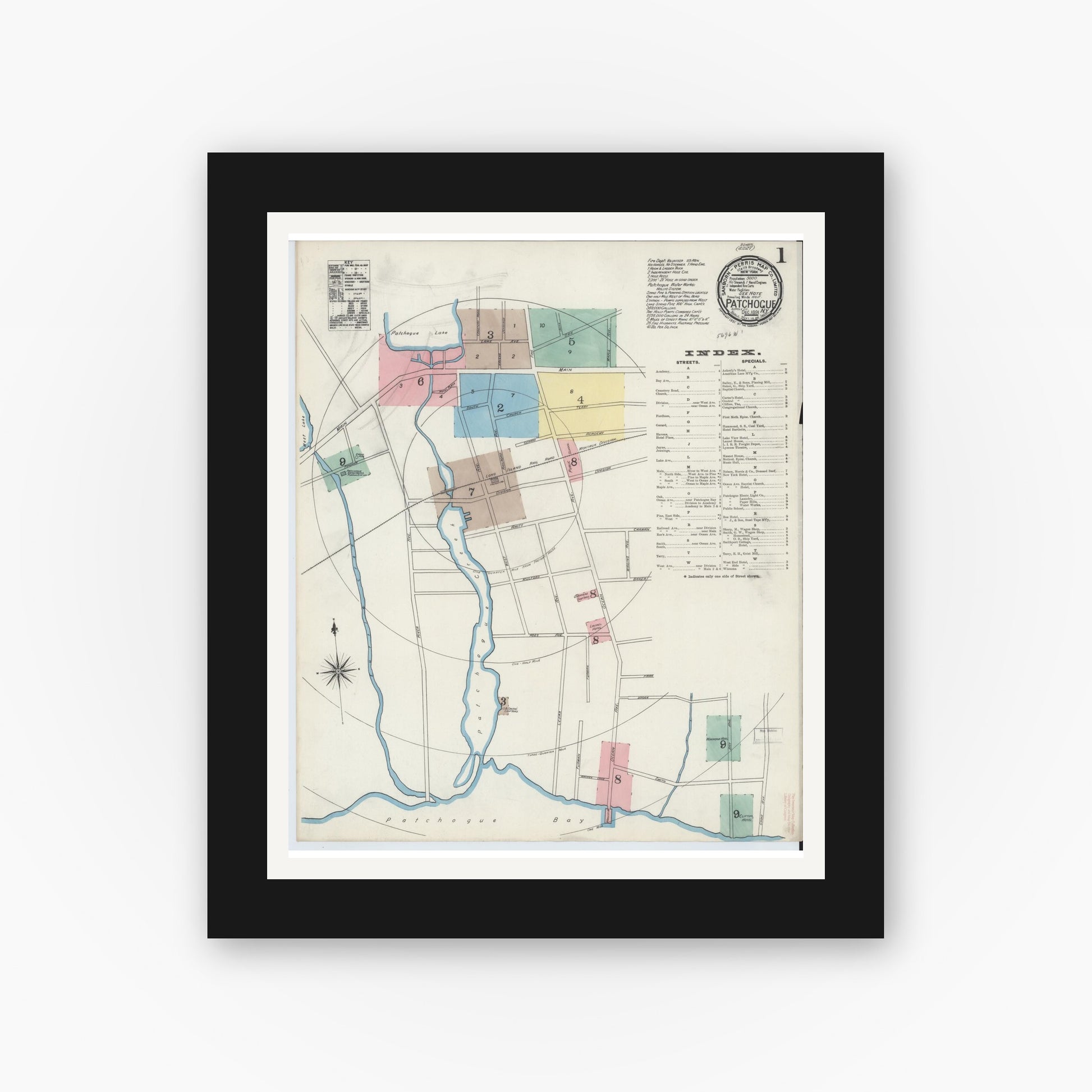 Old map wall art mockup — black gallery frame with white mat — Sanborn Fire Insurance Map from Patchogue, Suffolk County, New York (1891) - Complete Map Set