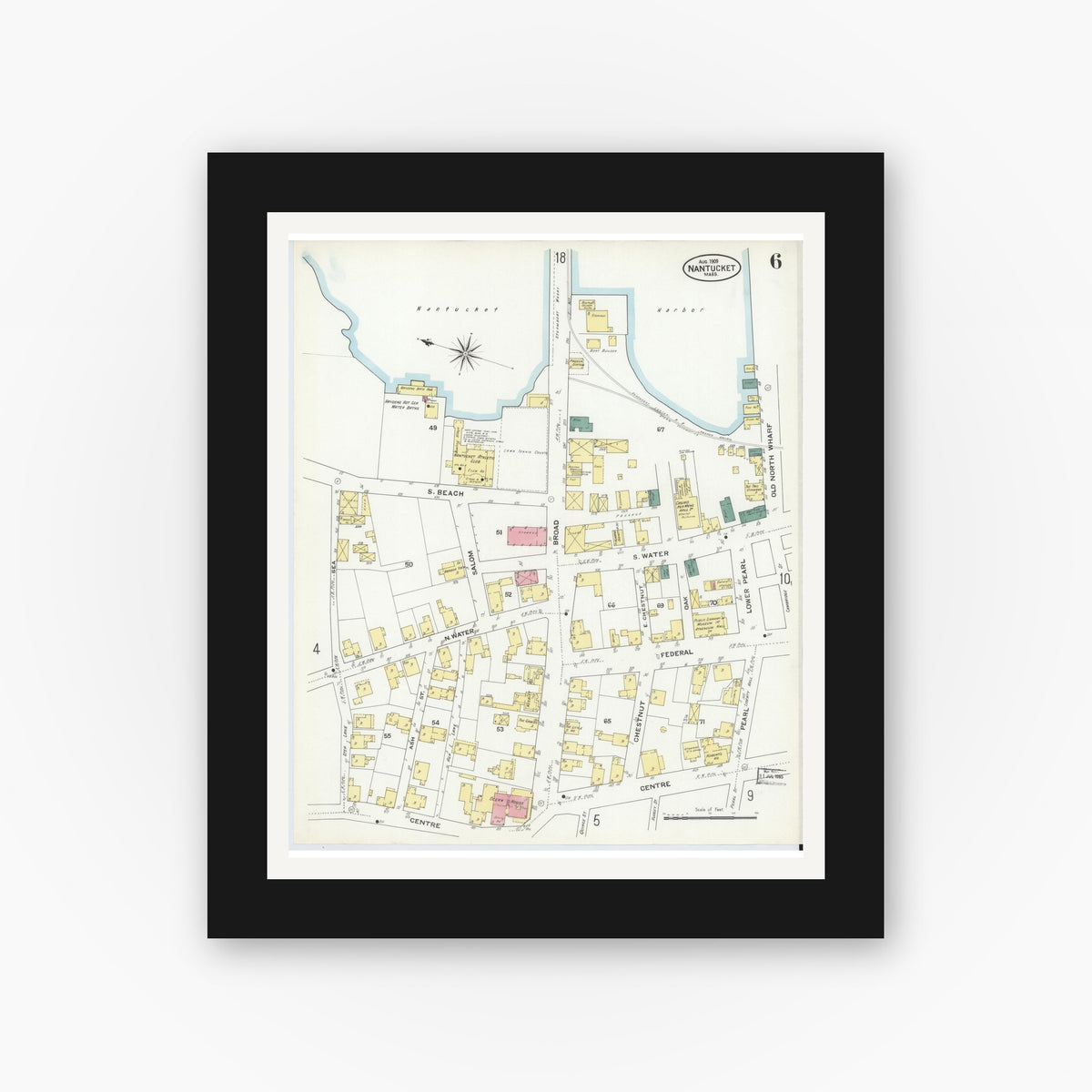 Old map wall art mockup — black gallery frame with white mat — Sanborn Fire Insurance Map from Nantucket, Nantucket County, Massachusetts (1909), Sheet #0006