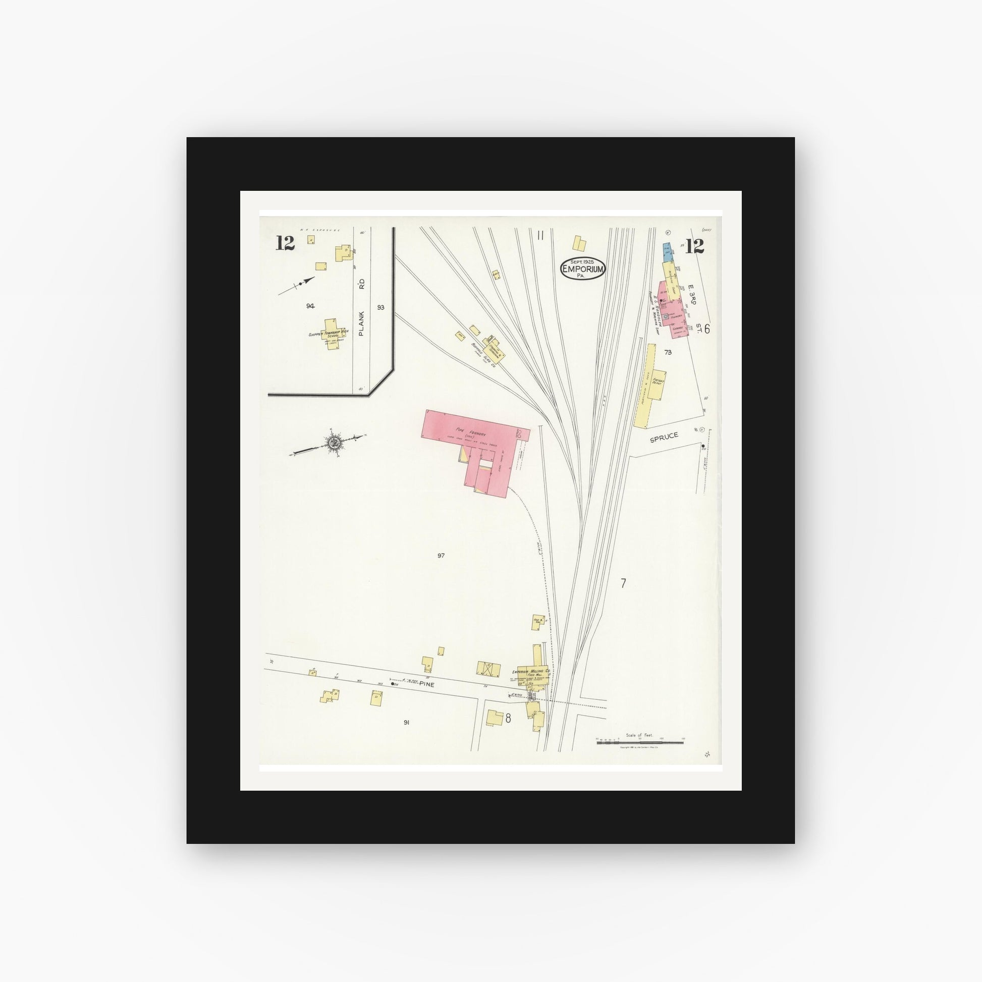 Old map wall art mockup — black gallery frame with white mat — Sanborn Fire Insurance Map from Emporium, Cameron County, Pennsylvania (1925), Sheet #0012