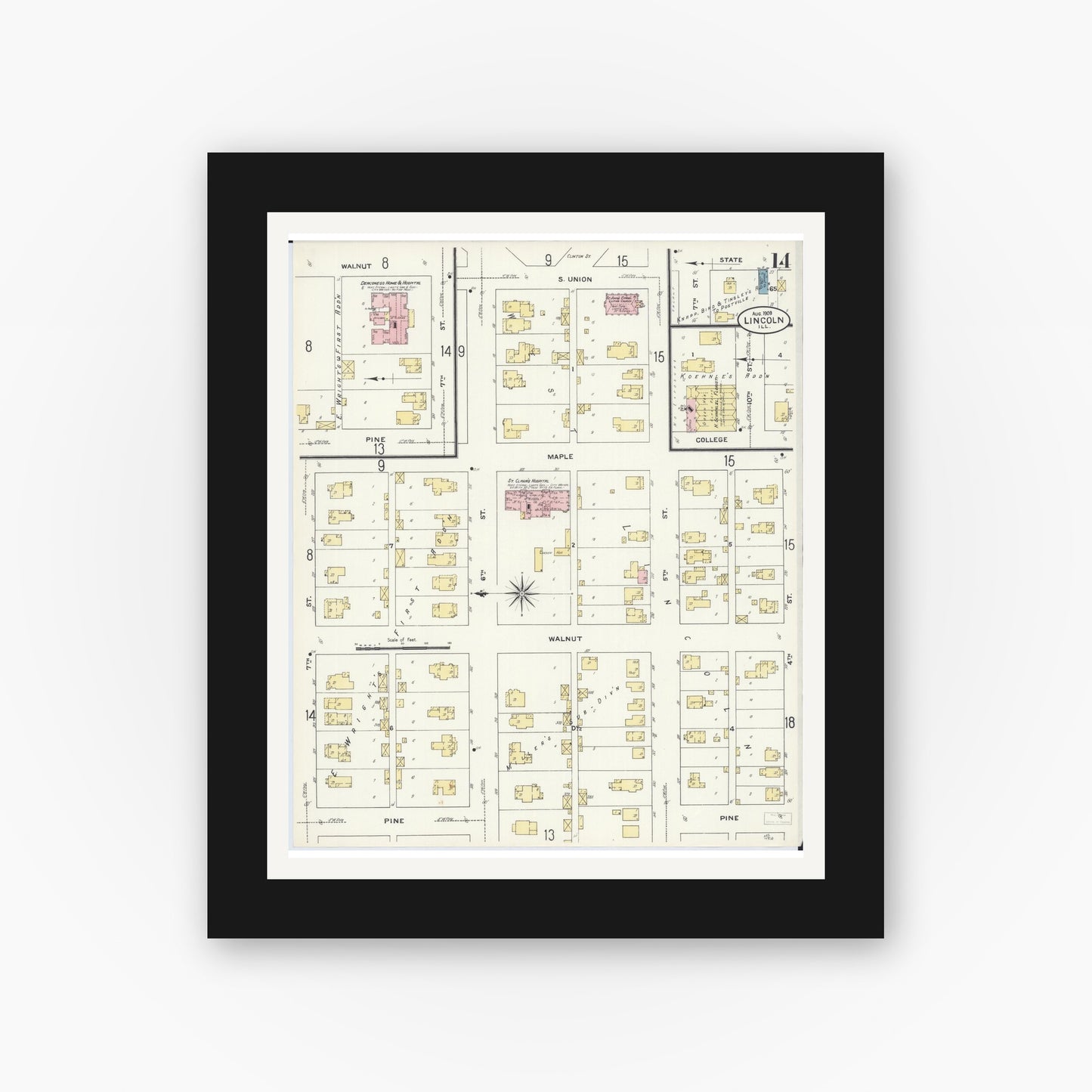 Old map wall art mockup — black gallery frame with white mat — Sanborn Fire Insurance Map from Lincoln, Logan County, Illinois (1909), Sheet #0014