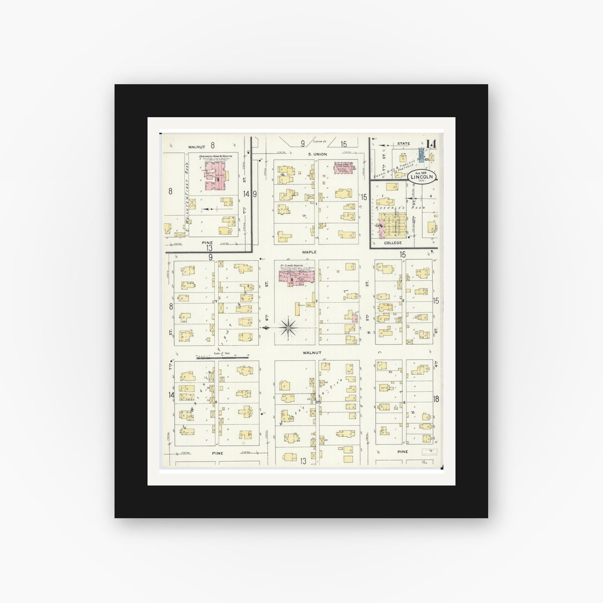 Old map wall art mockup — black gallery frame with white mat — Sanborn Fire Insurance Map from Lincoln, Logan County, Illinois (1909), Sheet #0014