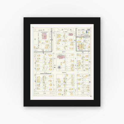 Old map wall art mockup — black gallery frame with white mat — Sanborn Fire Insurance Map from Lincoln, Logan County, Illinois (1909), Sheet #0014