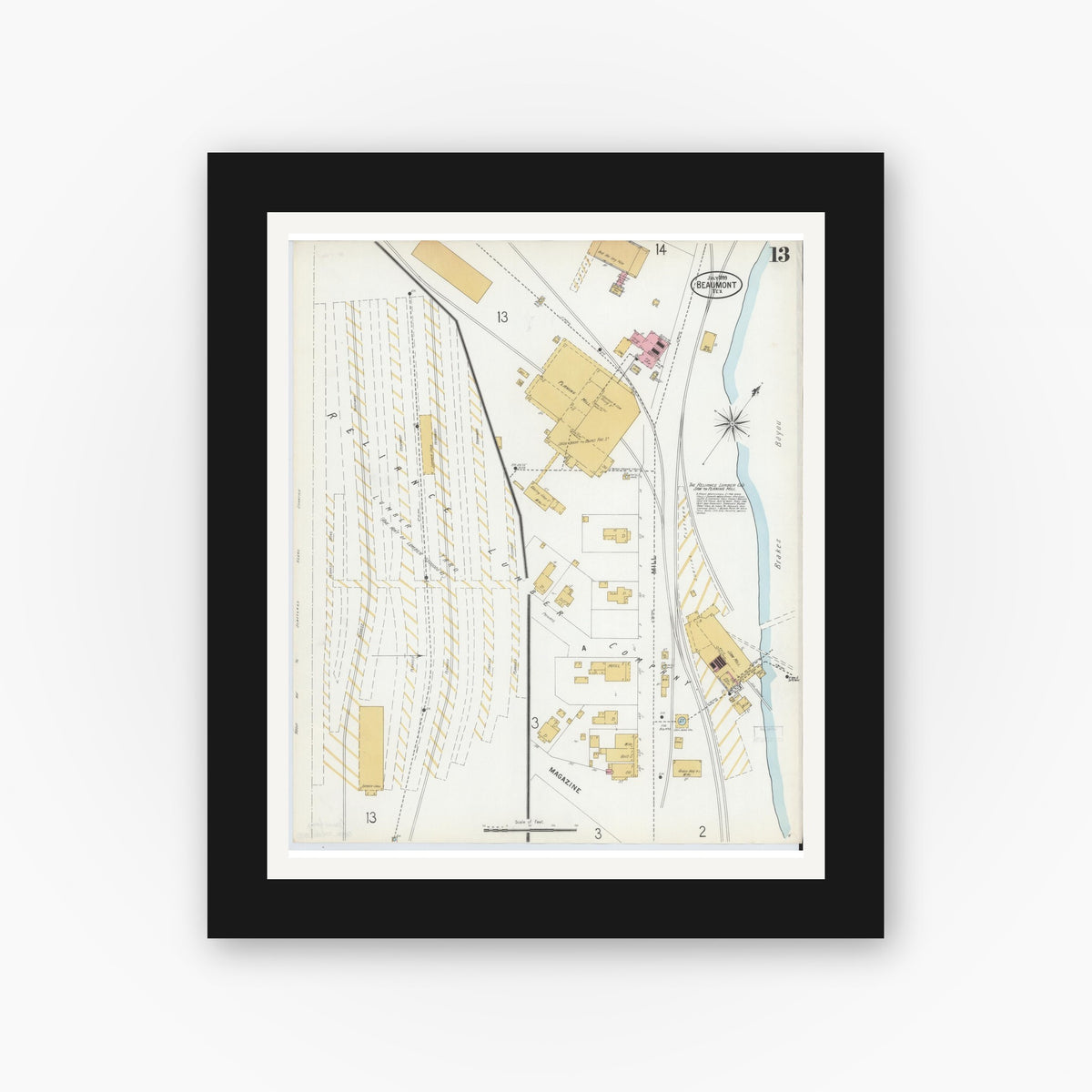 Old map wall art mockup — black gallery frame with white mat — Sanborn Fire Insurance Map from Beaumont, Jefferson County, Texas (1899), Sheet #0013